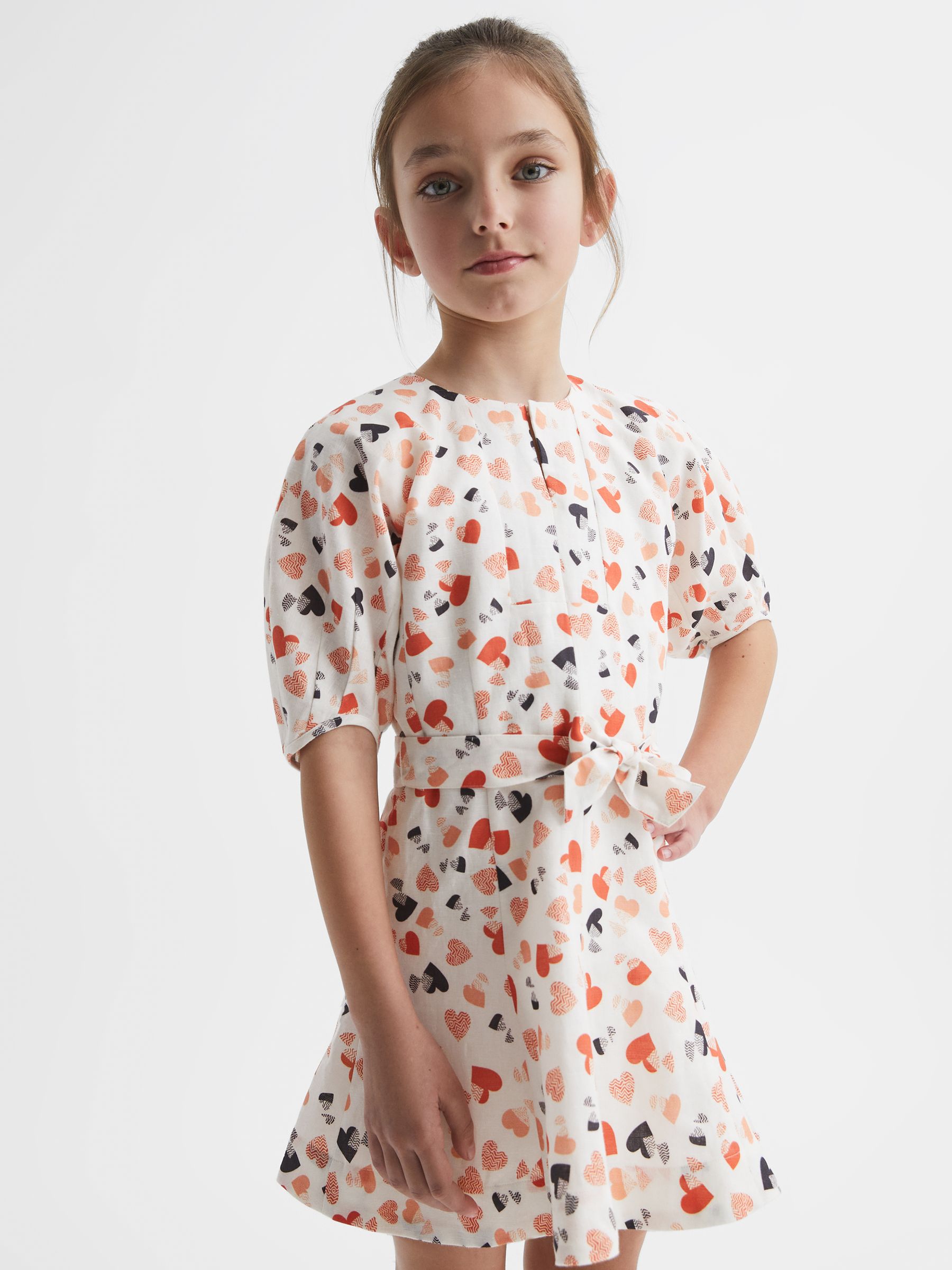 4-9 yrs Heart Print Linen Mini Dress in Ivory Print
