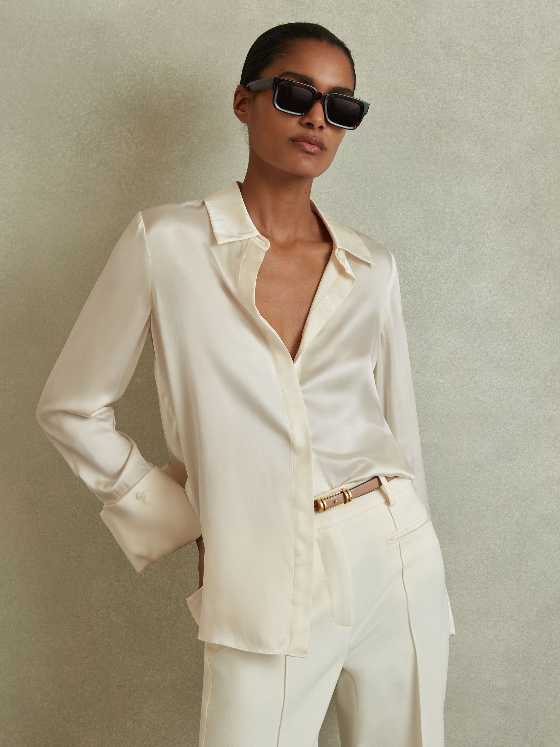 Silk Double-Cuff Button-Through Shirt in Ivory