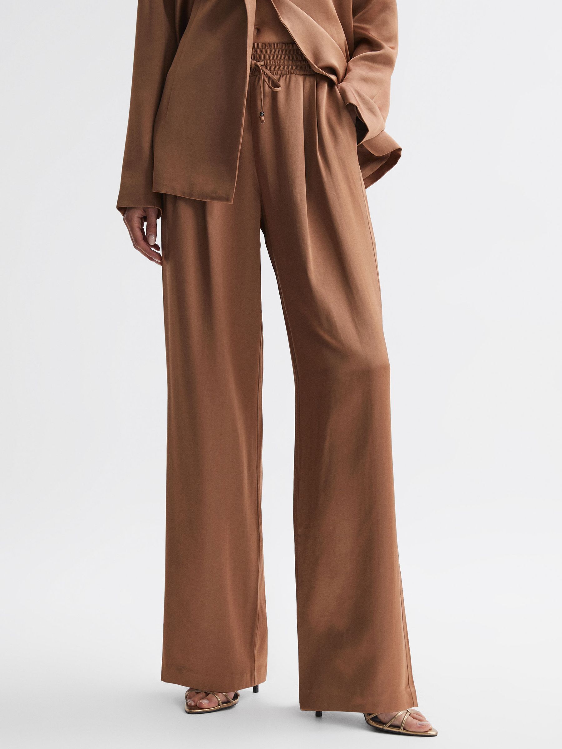 Paige Elasticated Wide Leg Suit Trousers in Camel