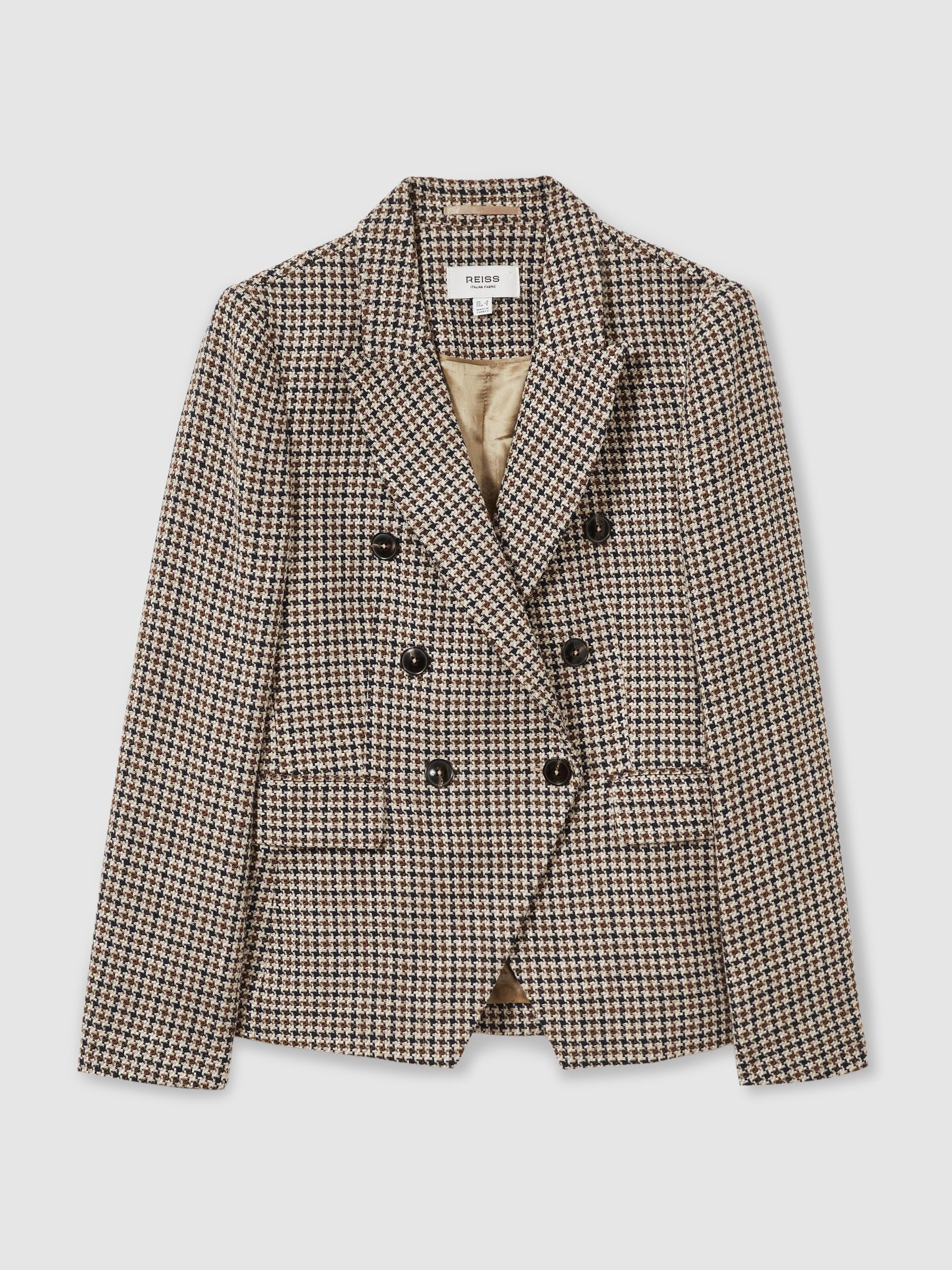 Cotton-Linen Double-Breasted Houndstooth-Check Blazer in Navy Neutral Check