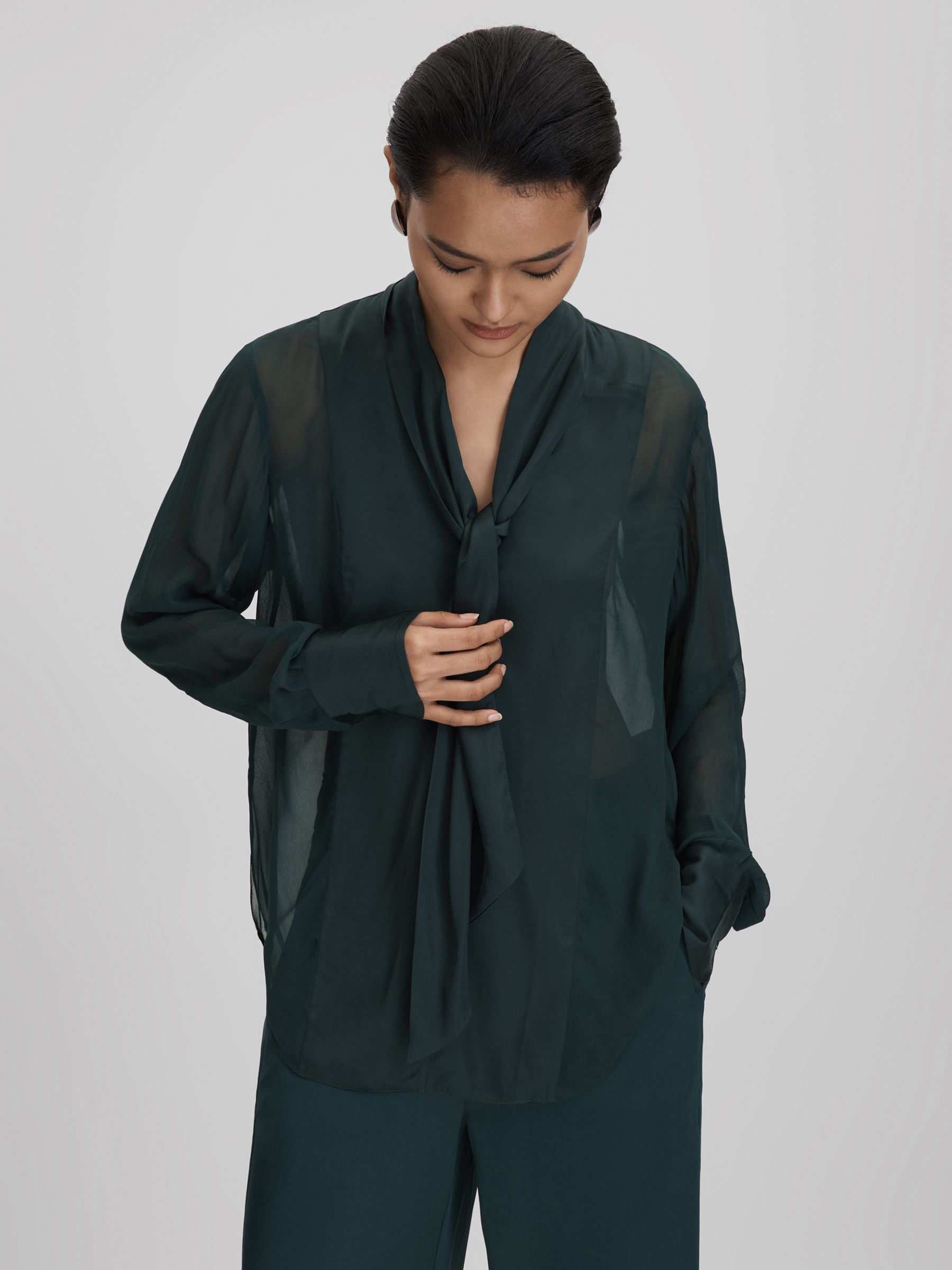 Semi Sheer Satin Tie Neck Blouse in Green