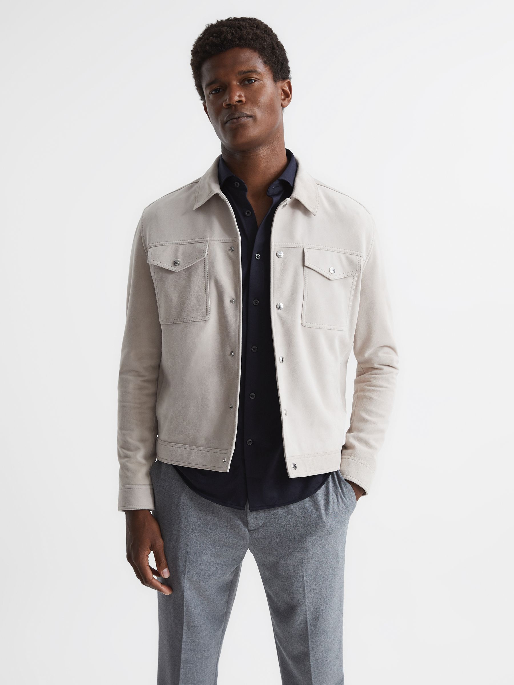 Cotton-Blend Jersey Cutaway-Collar Shirt in Navy