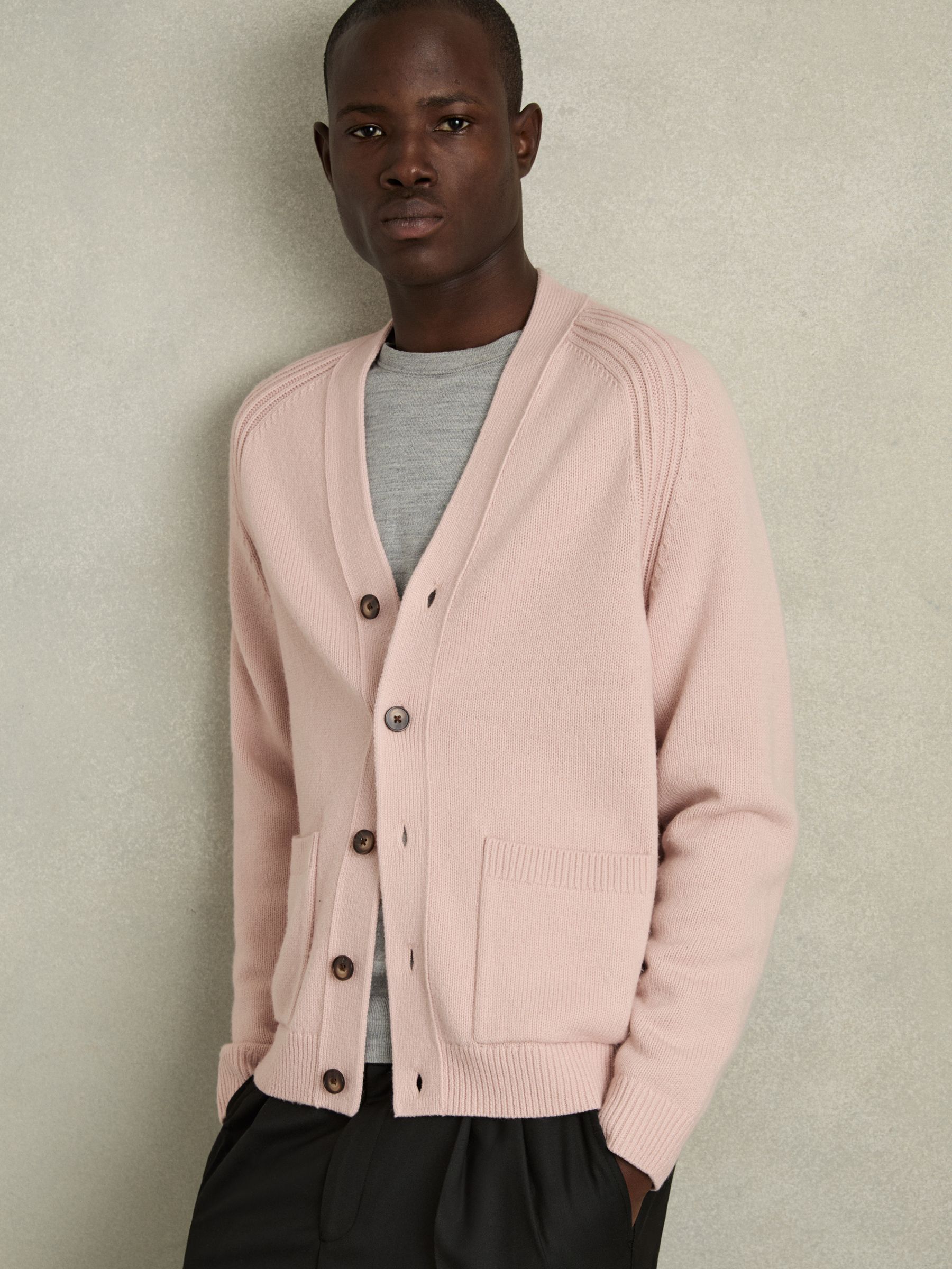 Wool-Blend Ridge-Seam Cardigan in Soft Pink