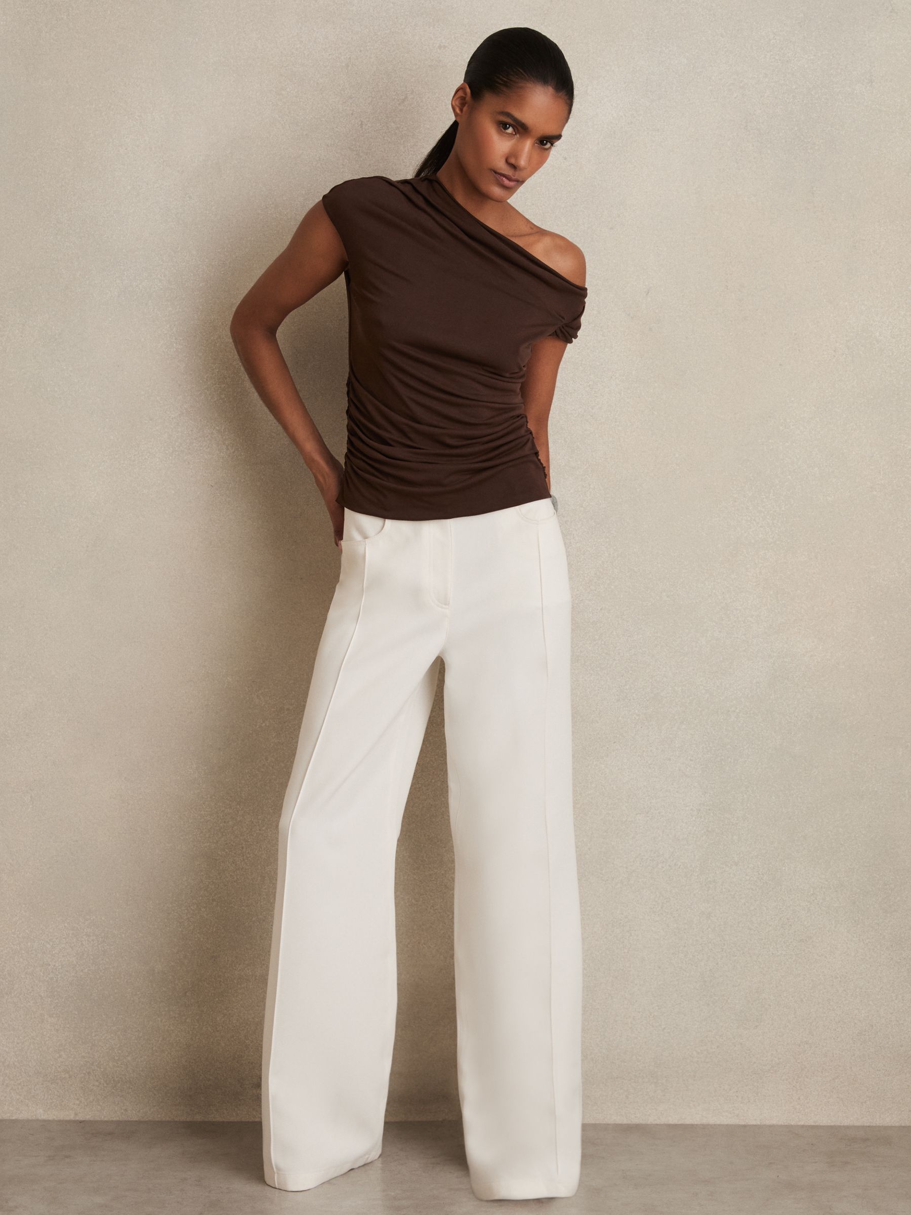 Modal-Blend Ruched Off-Shoulder Top in Chocolate Brown