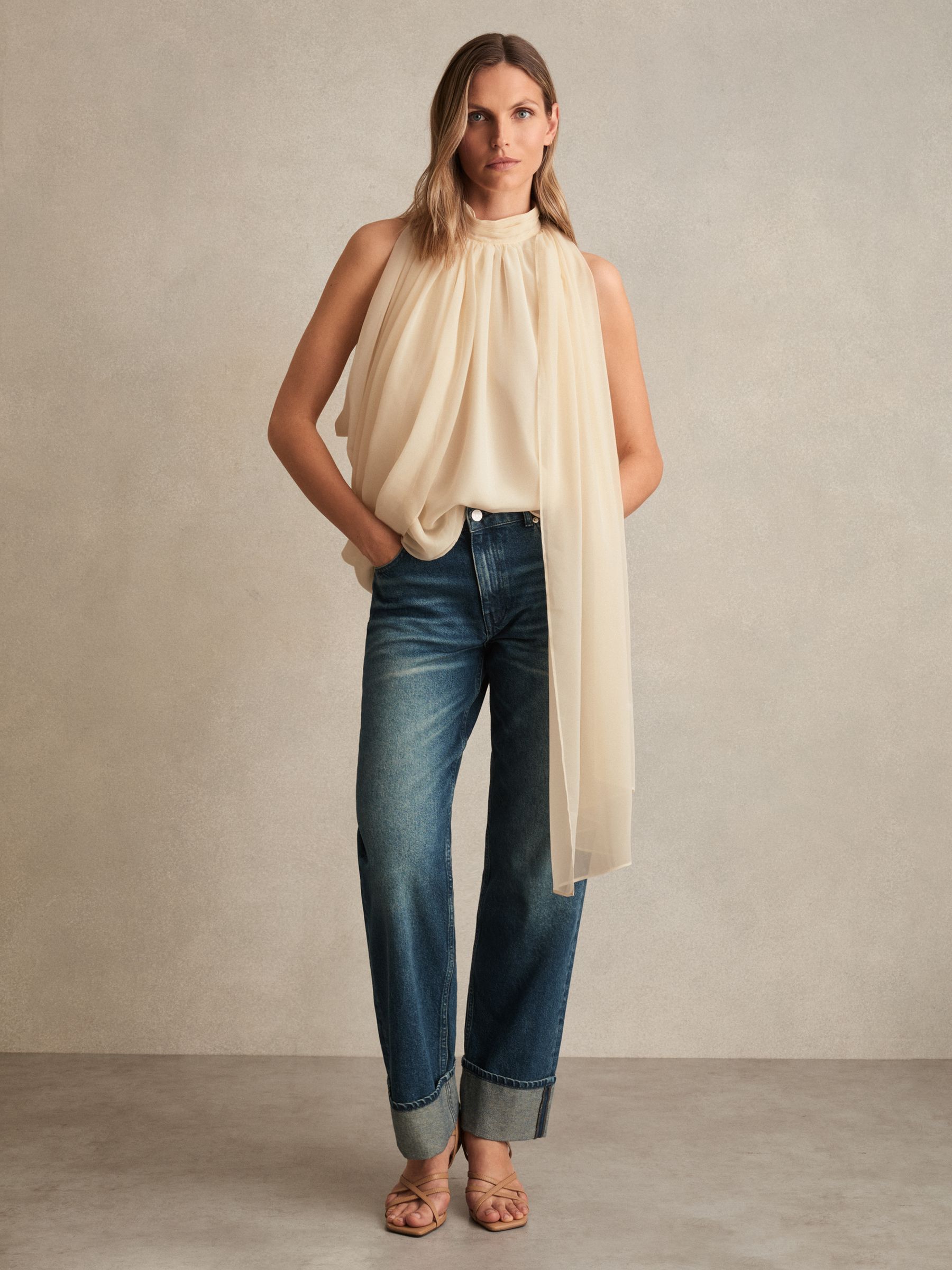 Draped Chiffon Sleeveless Top in Ivory