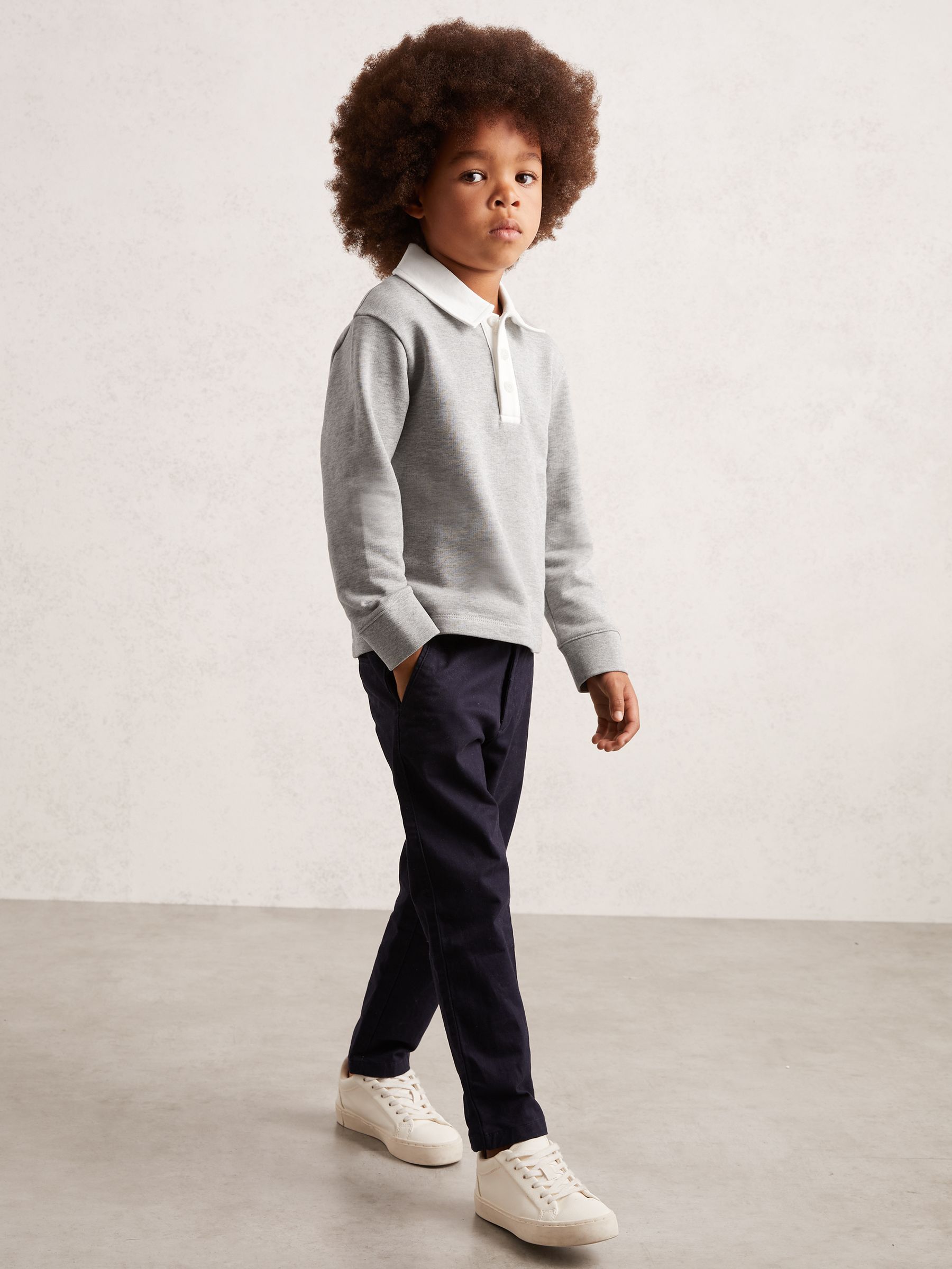 3-9 yrs Cotton Half-Button Rugby Polo Shirt in Grey Marl/White