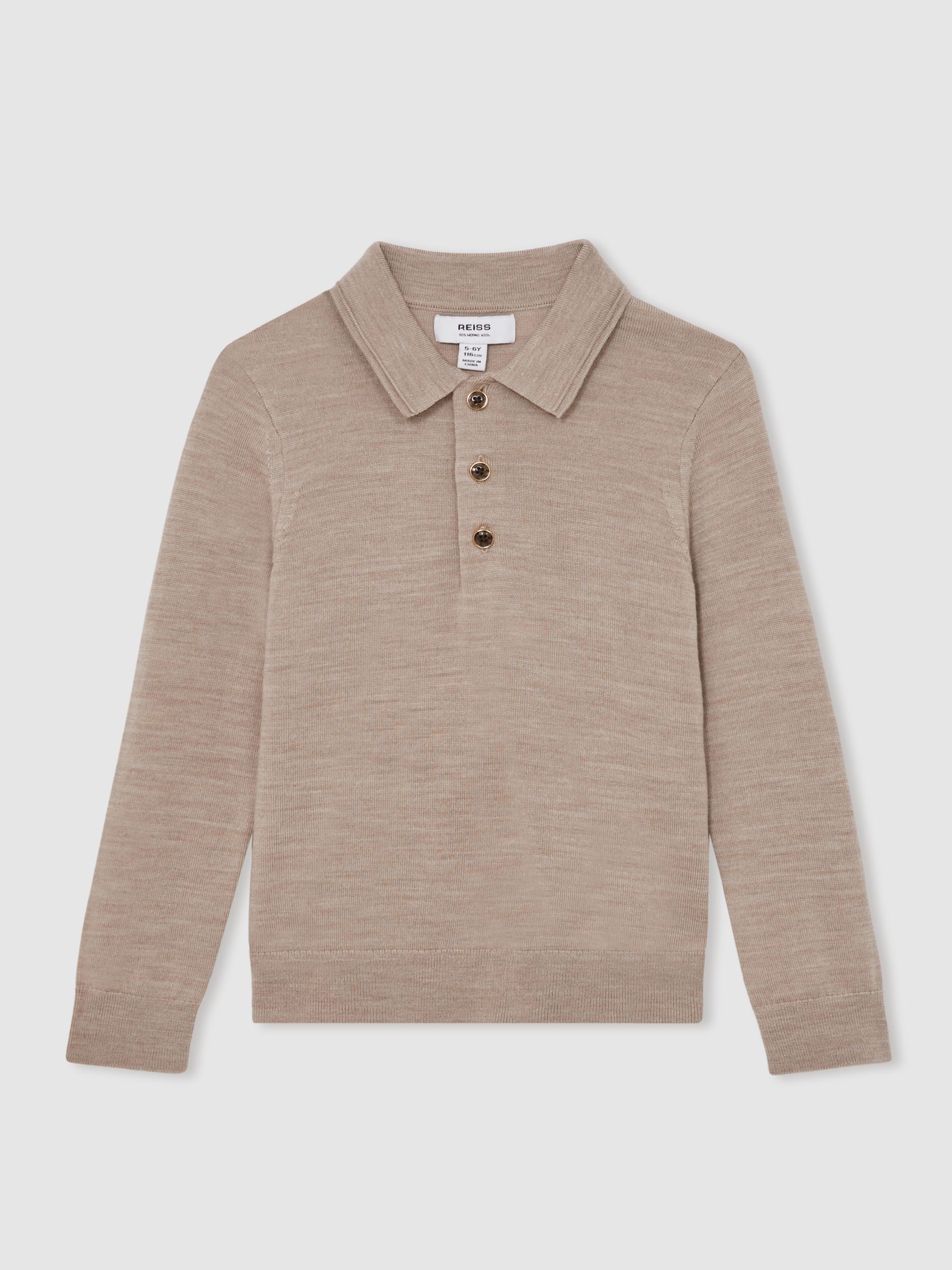 9-13 yrs Merino Wool Long-Sleeve Polo Shirt in Wheat Melange