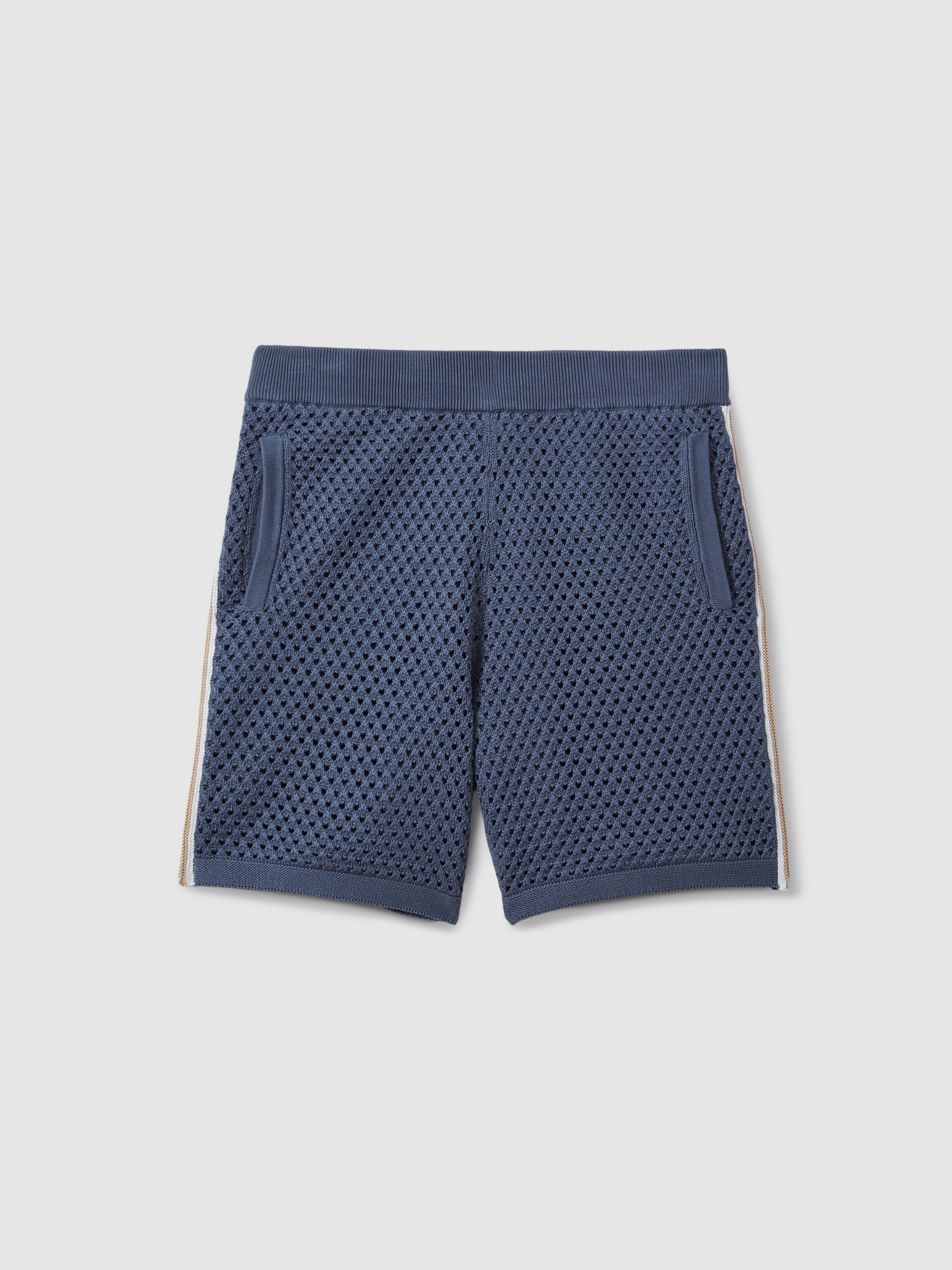 Cotton Blend Crochet Drawstring Shorts in Airforce Blue