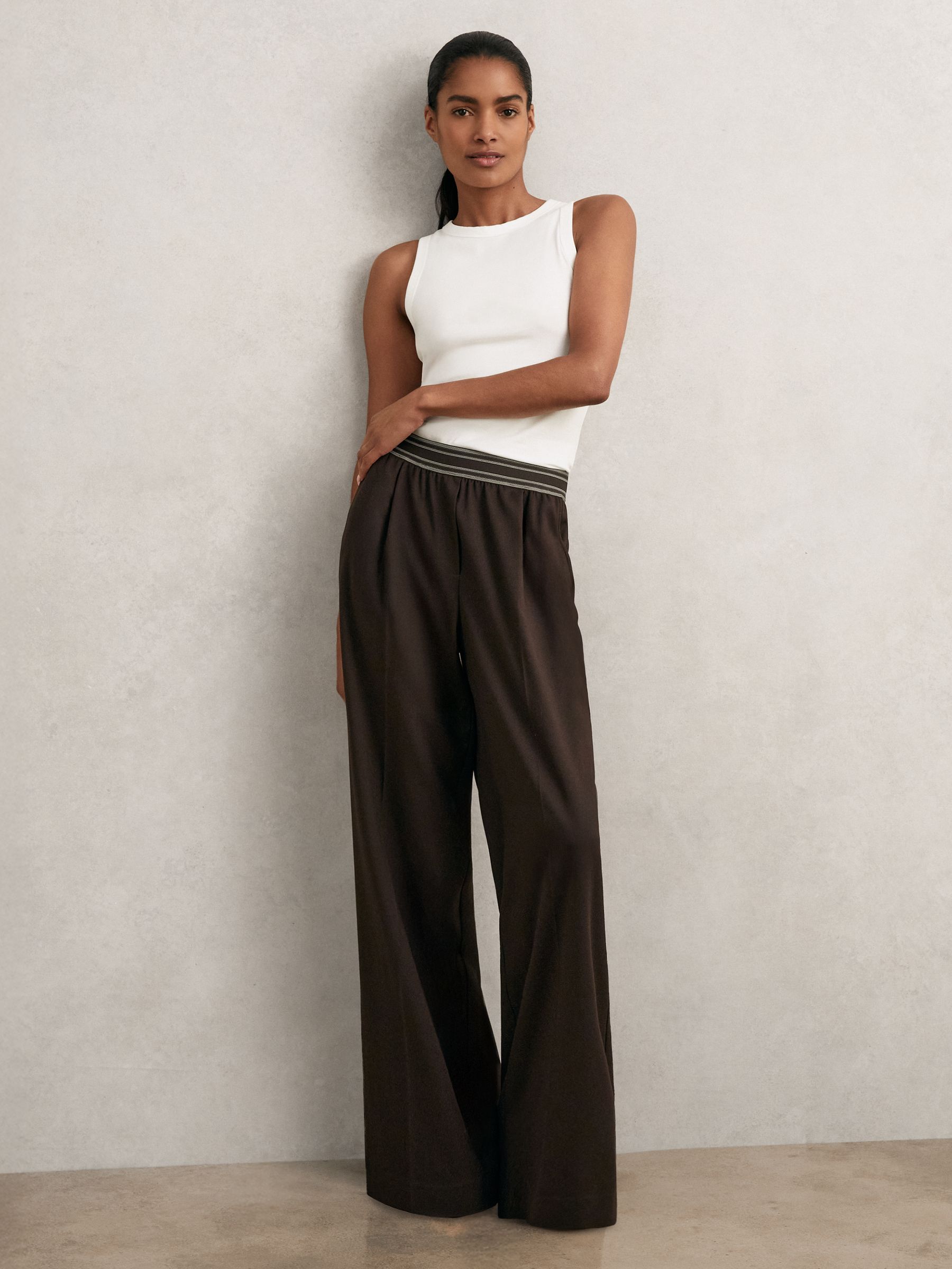 Wide-Leg Contrast-Waistband Trousers in Chocolate Brown