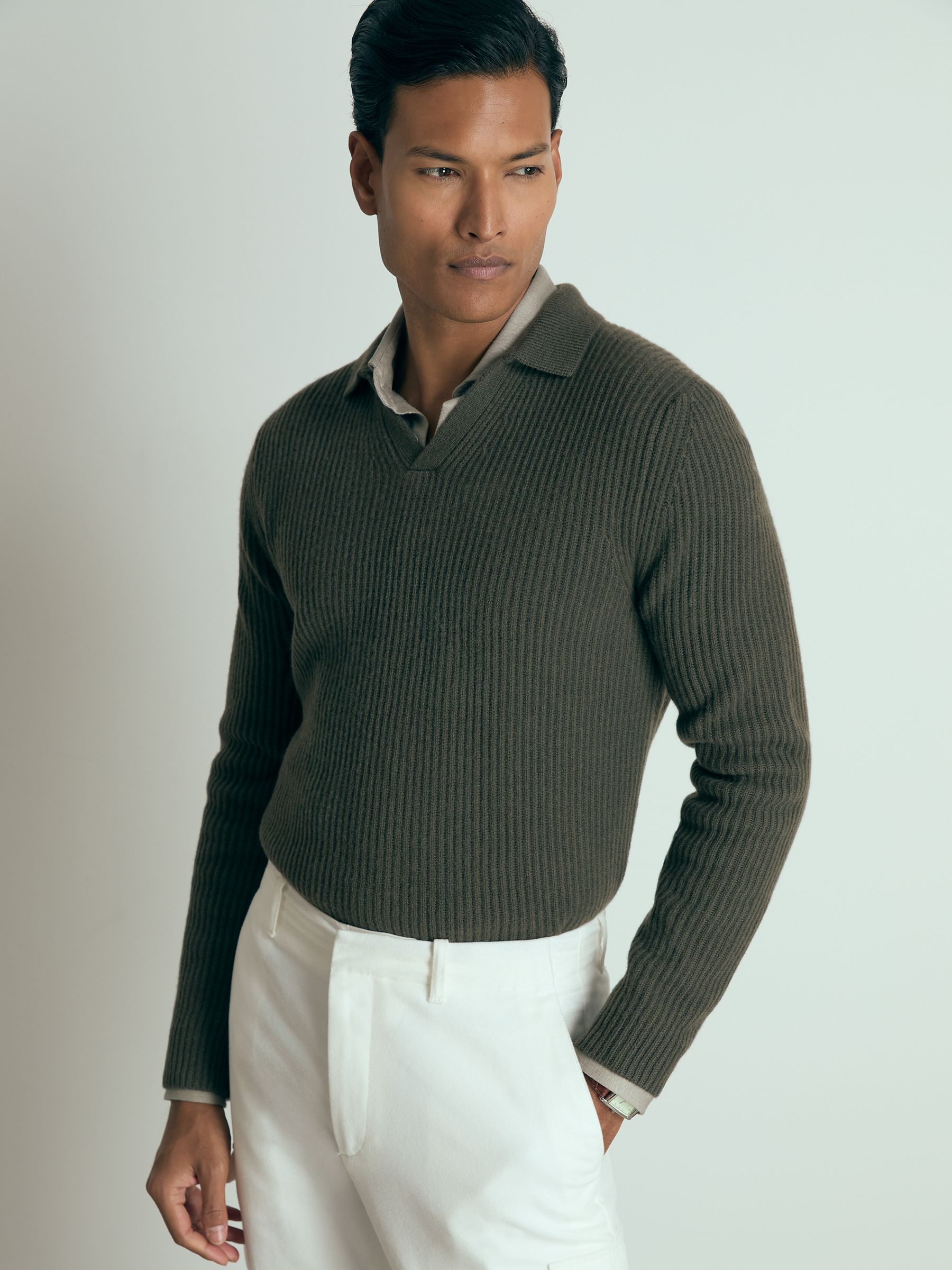 Atelier Ribbed-Cashmere Polo Shirt in Military Green