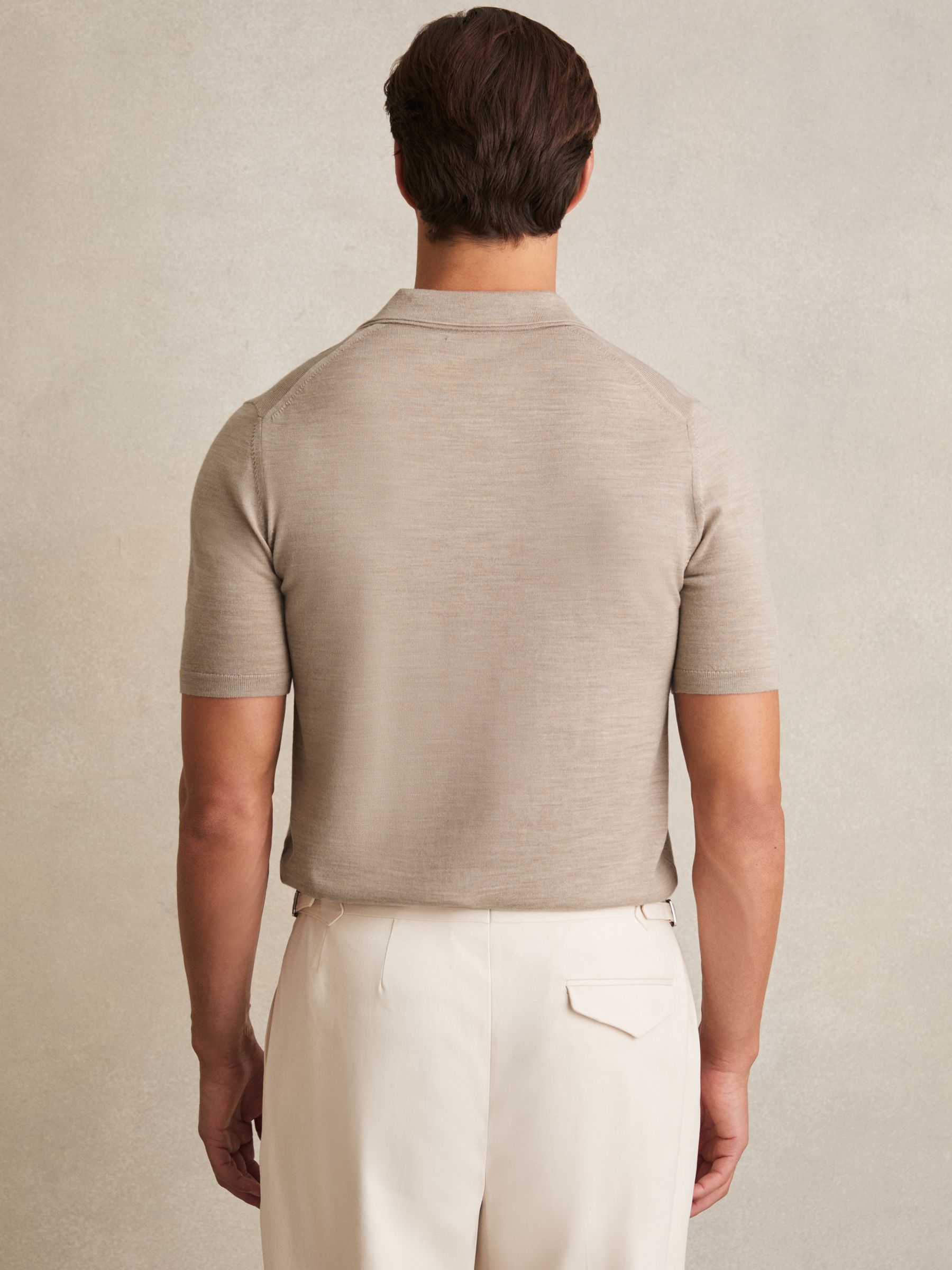 Merino Wool Open-Collar Polo Shirt in Wheat Melange