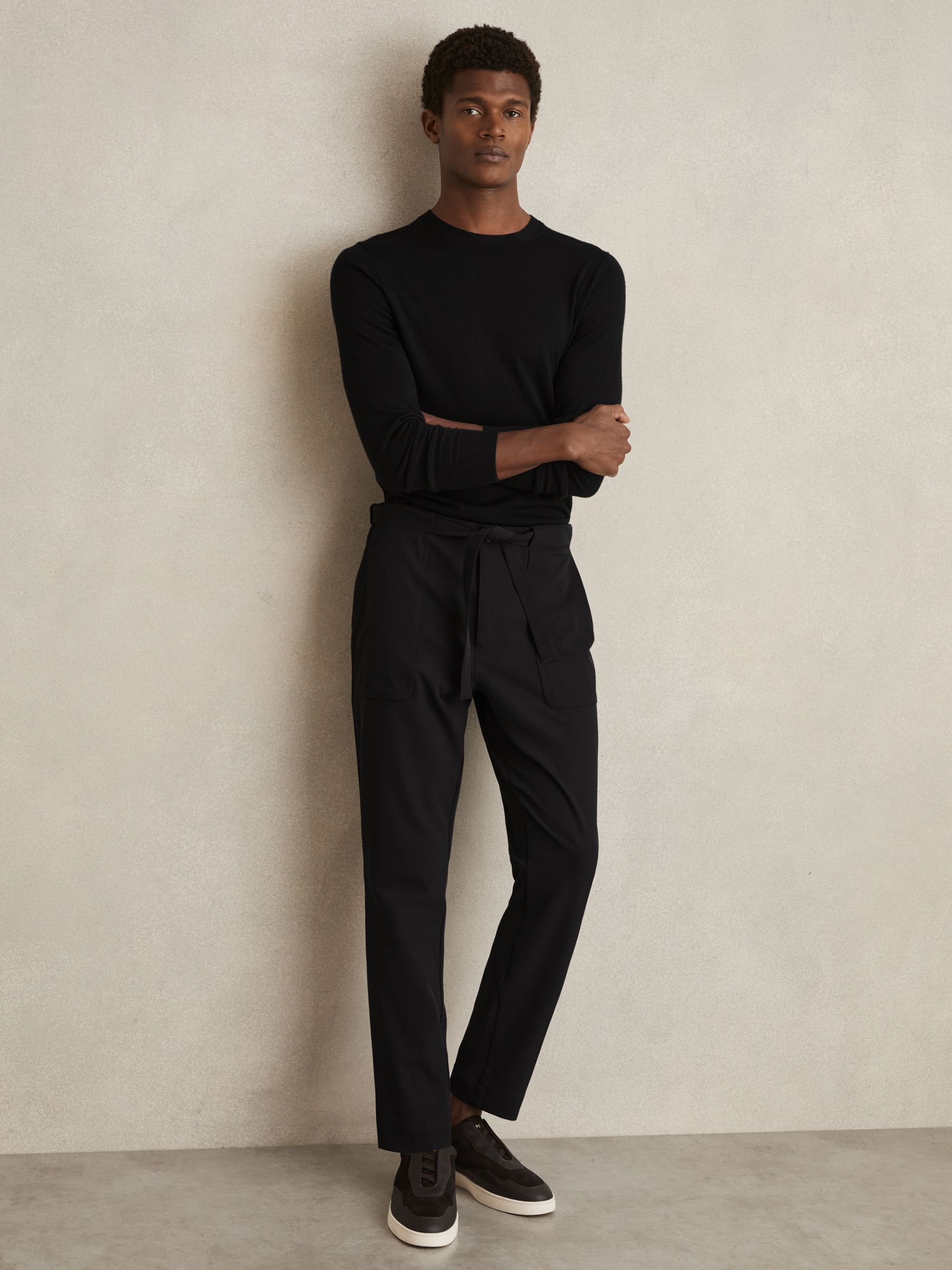 Belted Technical Tapered Trousers in Black