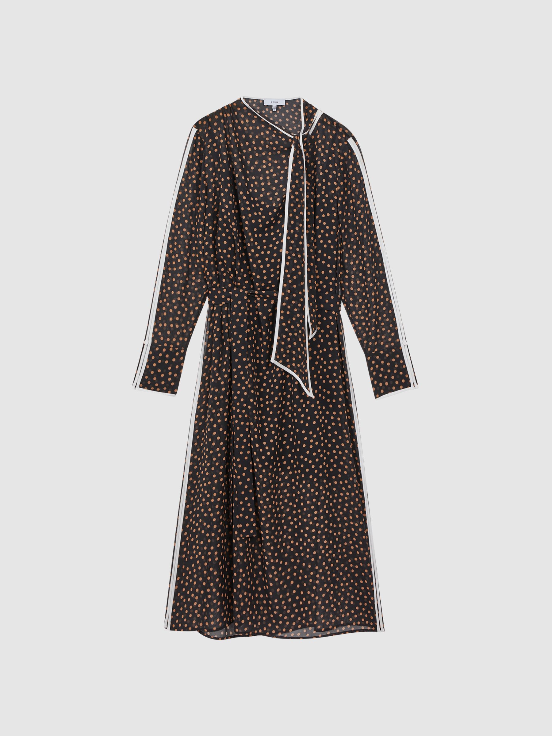 Polka Dot Tie Neck Midi Dress in Black/Brown