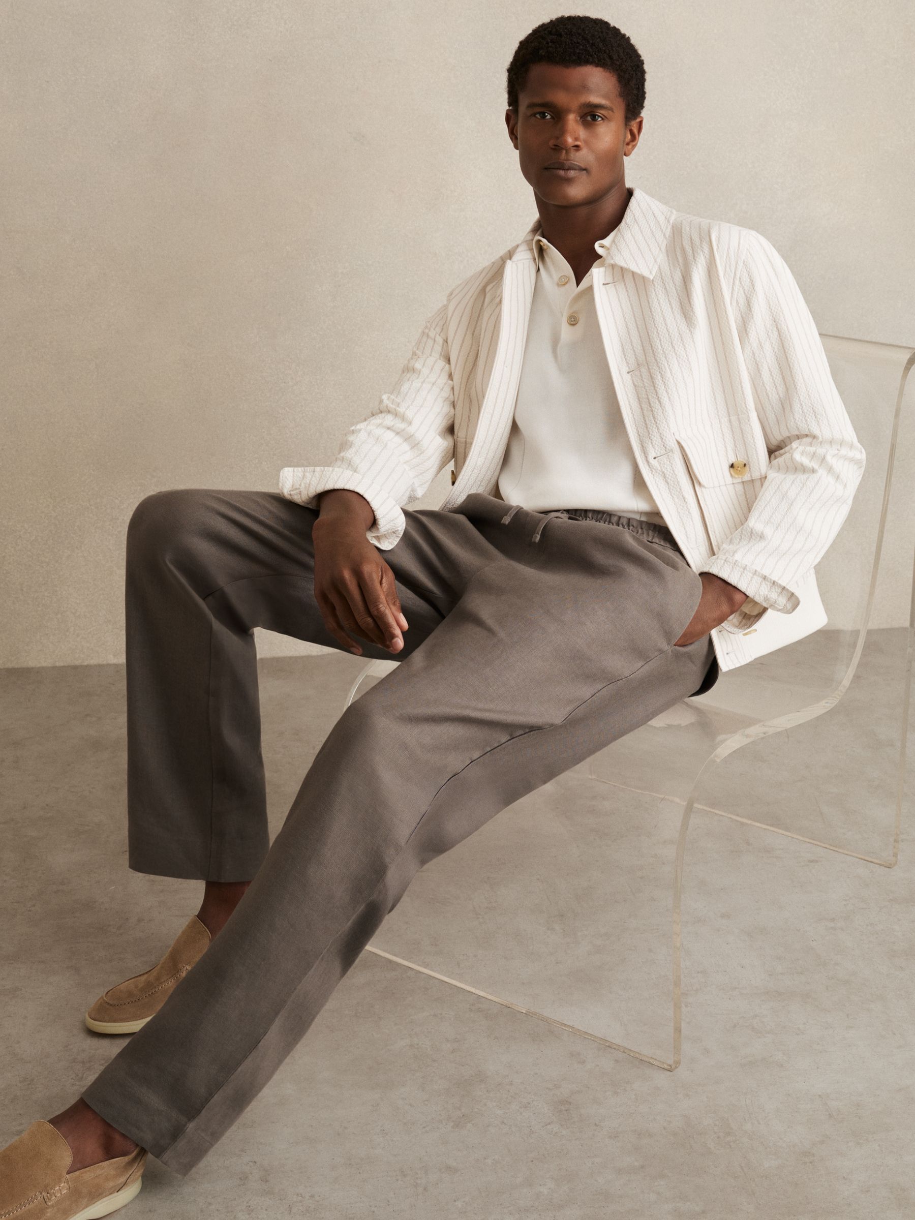 Linen Drawstring Relaxed-Fit Trousers in Mushroom Brown