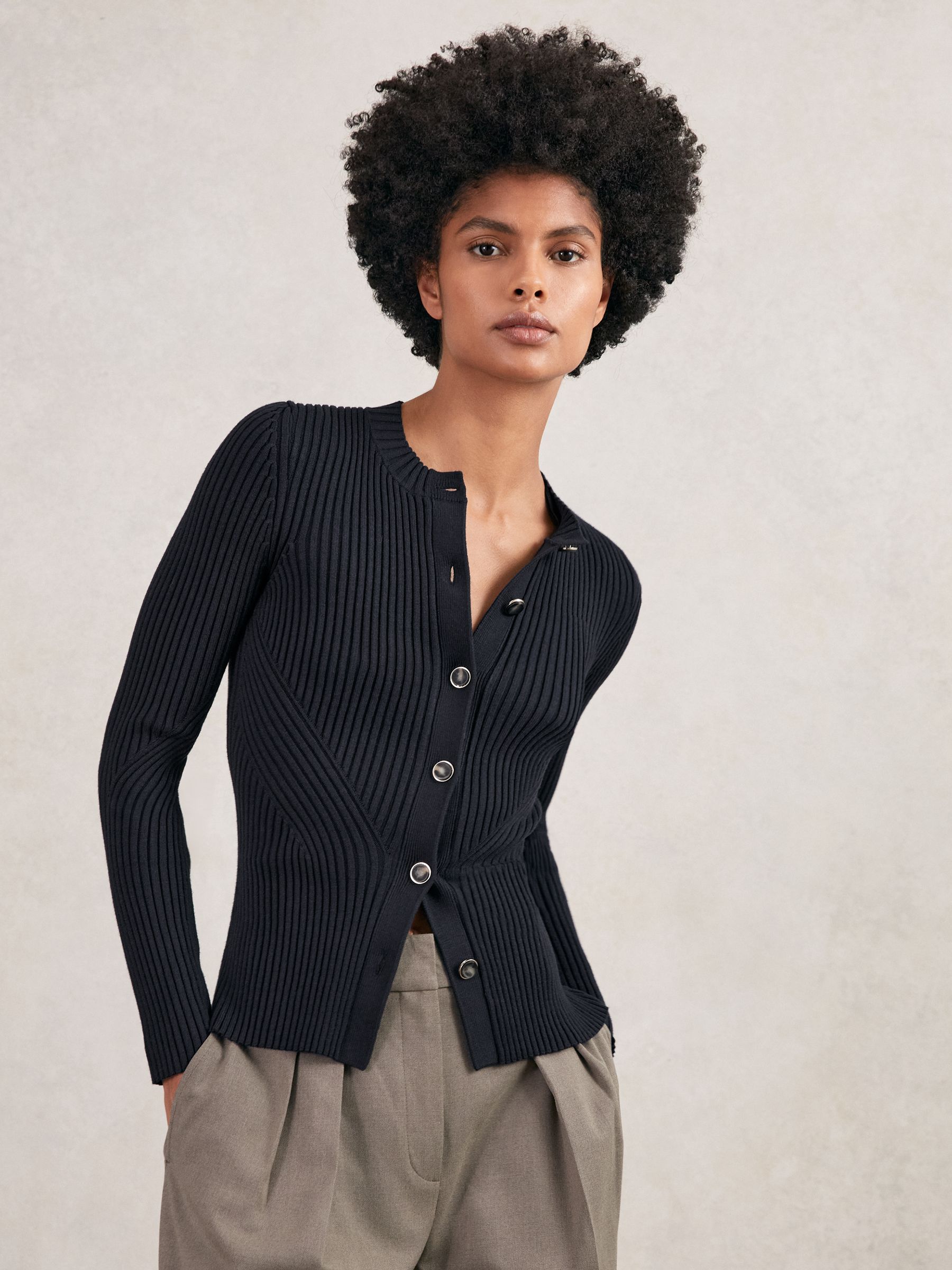 Button Front Knit Cardigan in Navy