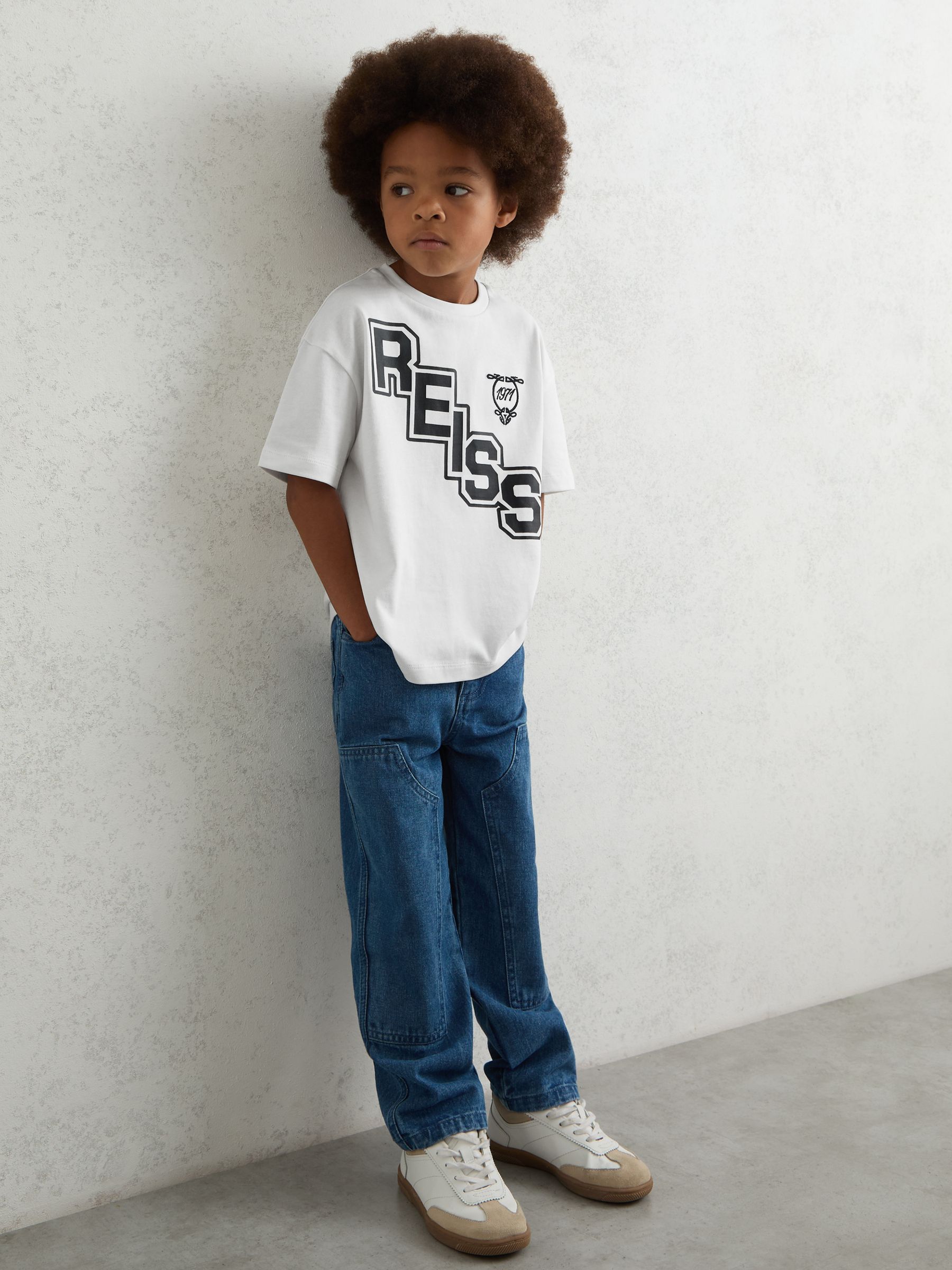 13-14 yrs Cotton Oversized Logo T-Shirt in White/Navy