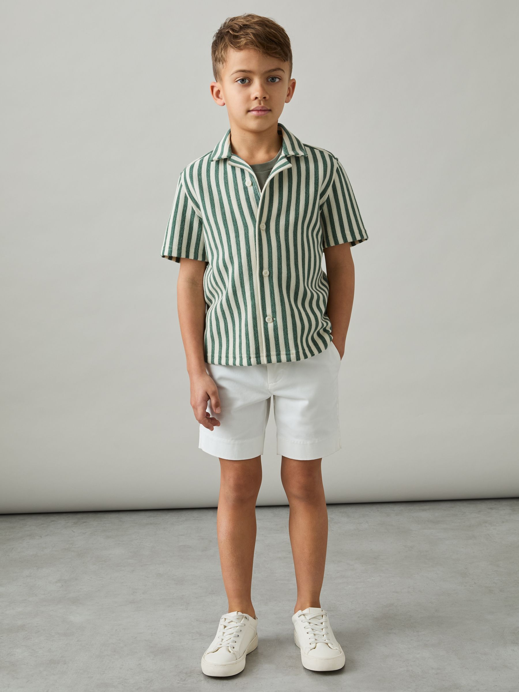 13-14 yrs Textured Stripe Cuban-Collar Shirt in Green/White