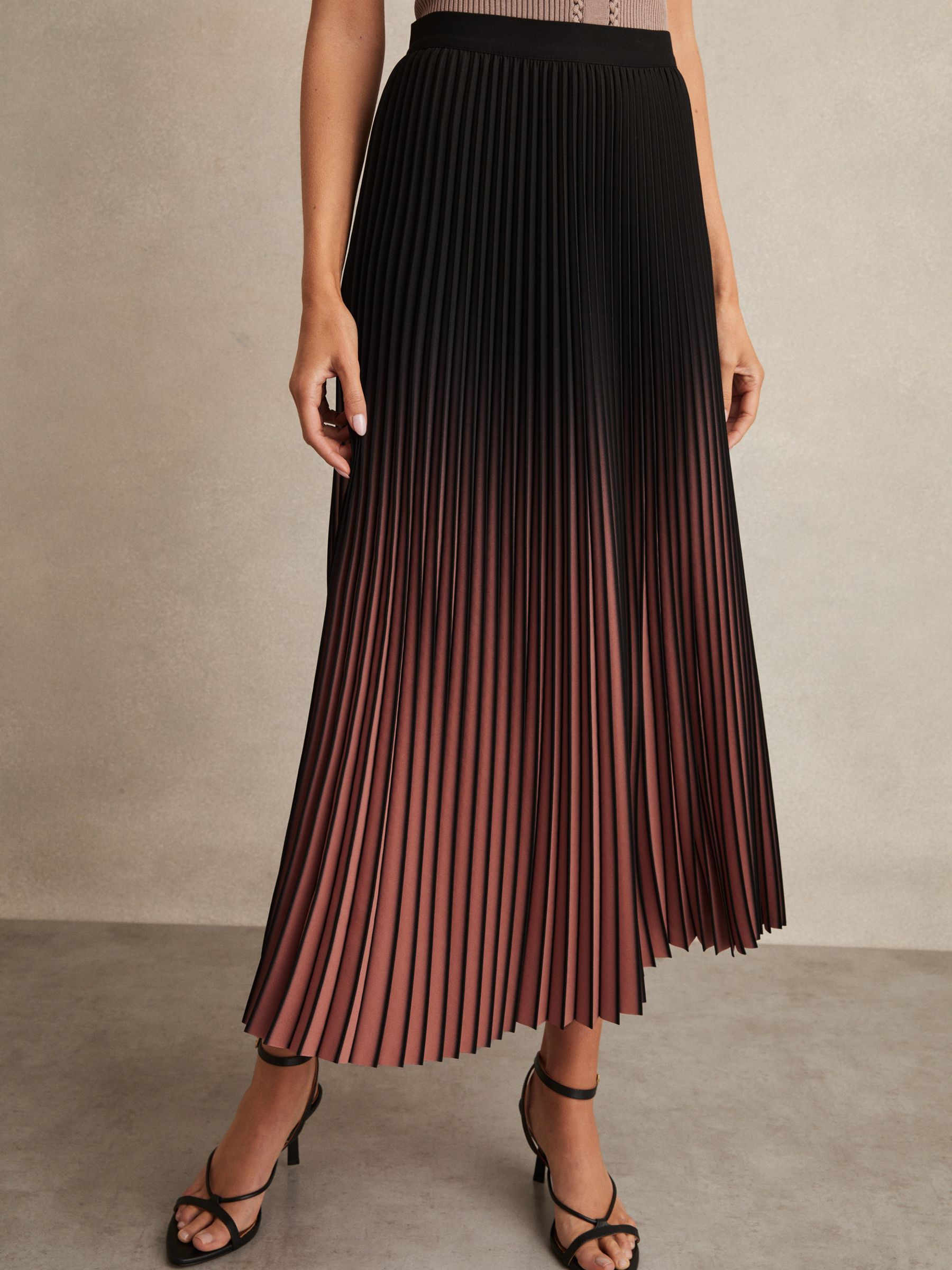 Ombré Pleated Midi Skirt in Black/Pink