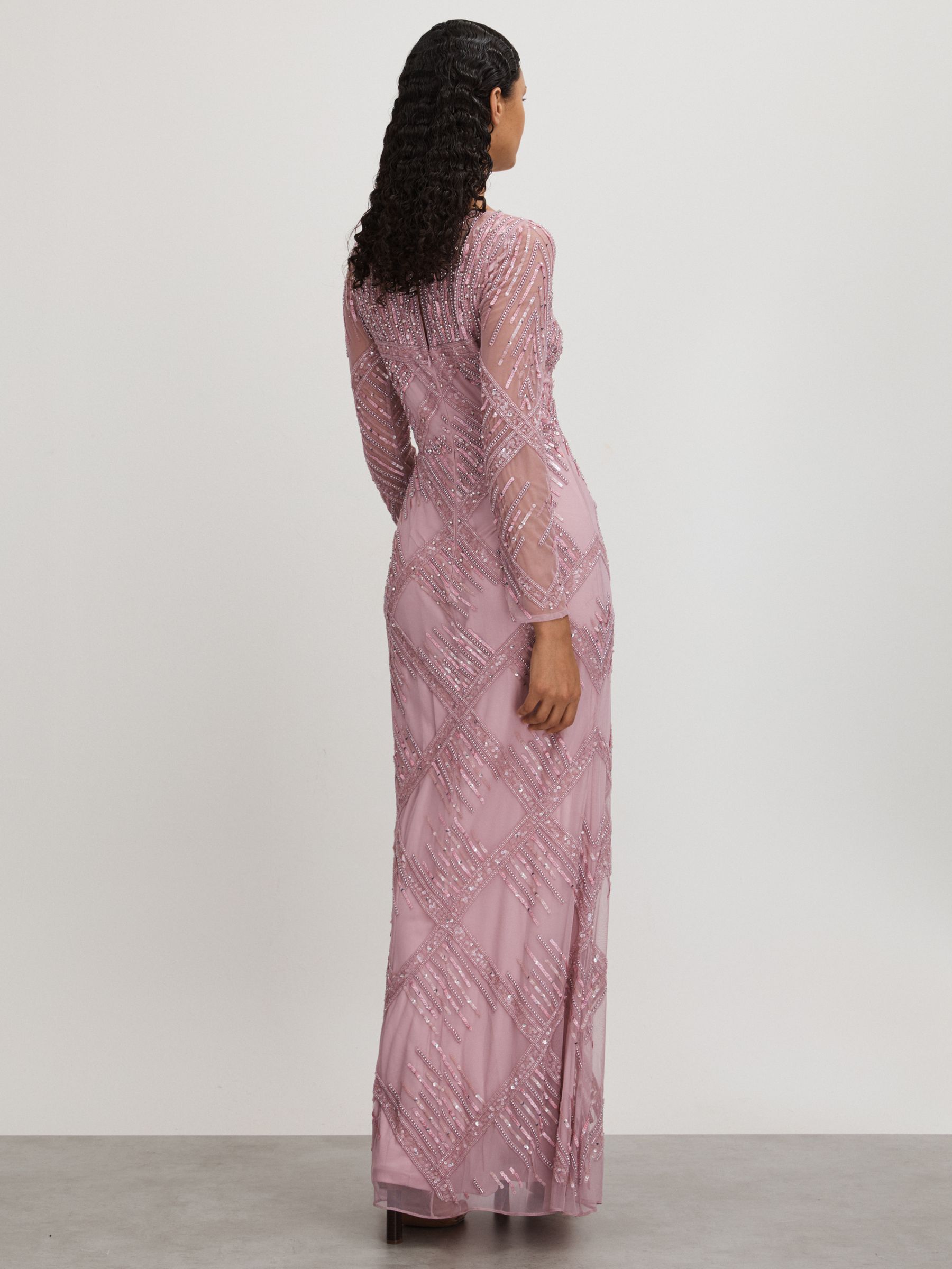 Felicity Pink Raishma Pink Embellished Mesh Sheer Sleeve Maxi Dress