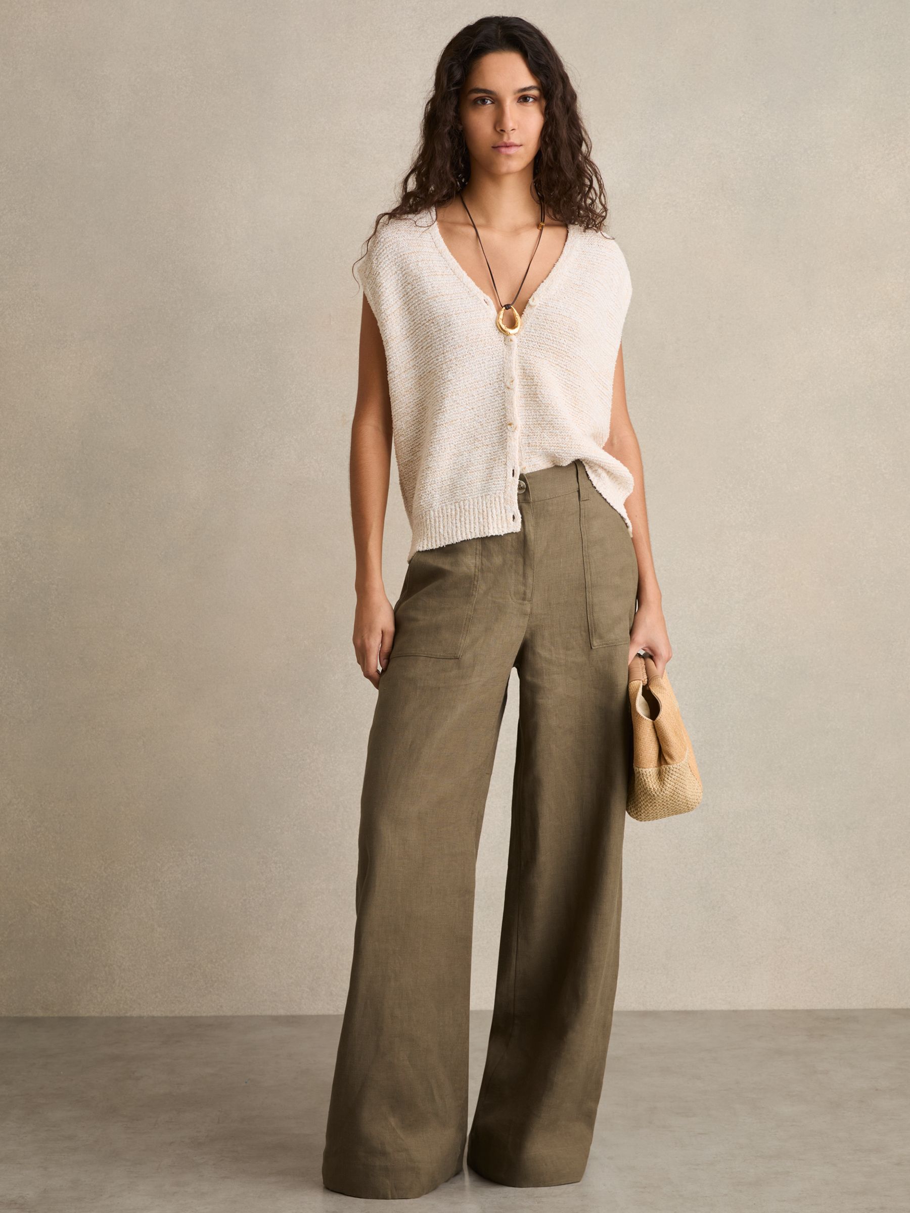 Linen Wide Leg Trousers in Khaki