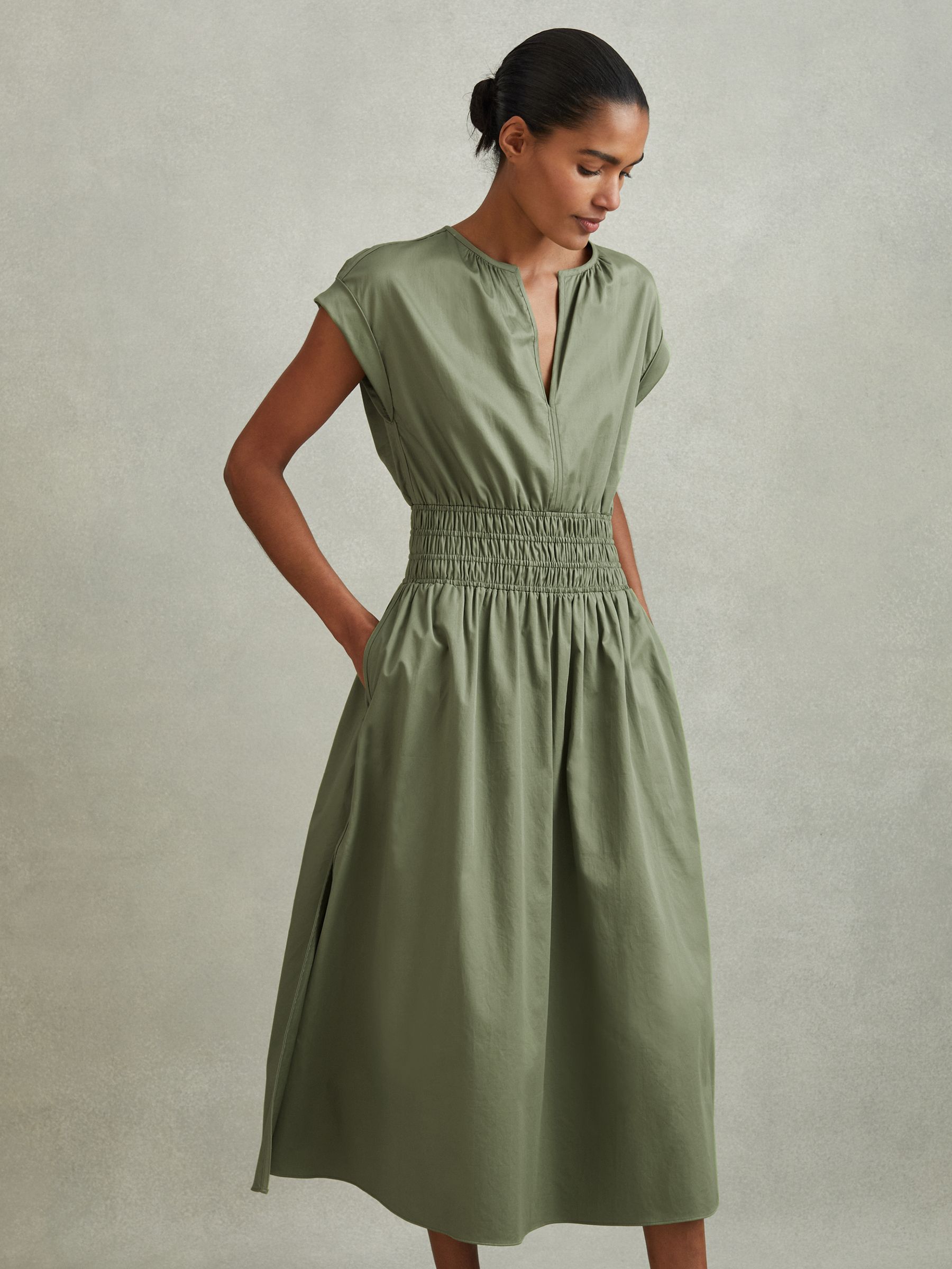 Cotton Ruched Waist Midi Dress in Green
