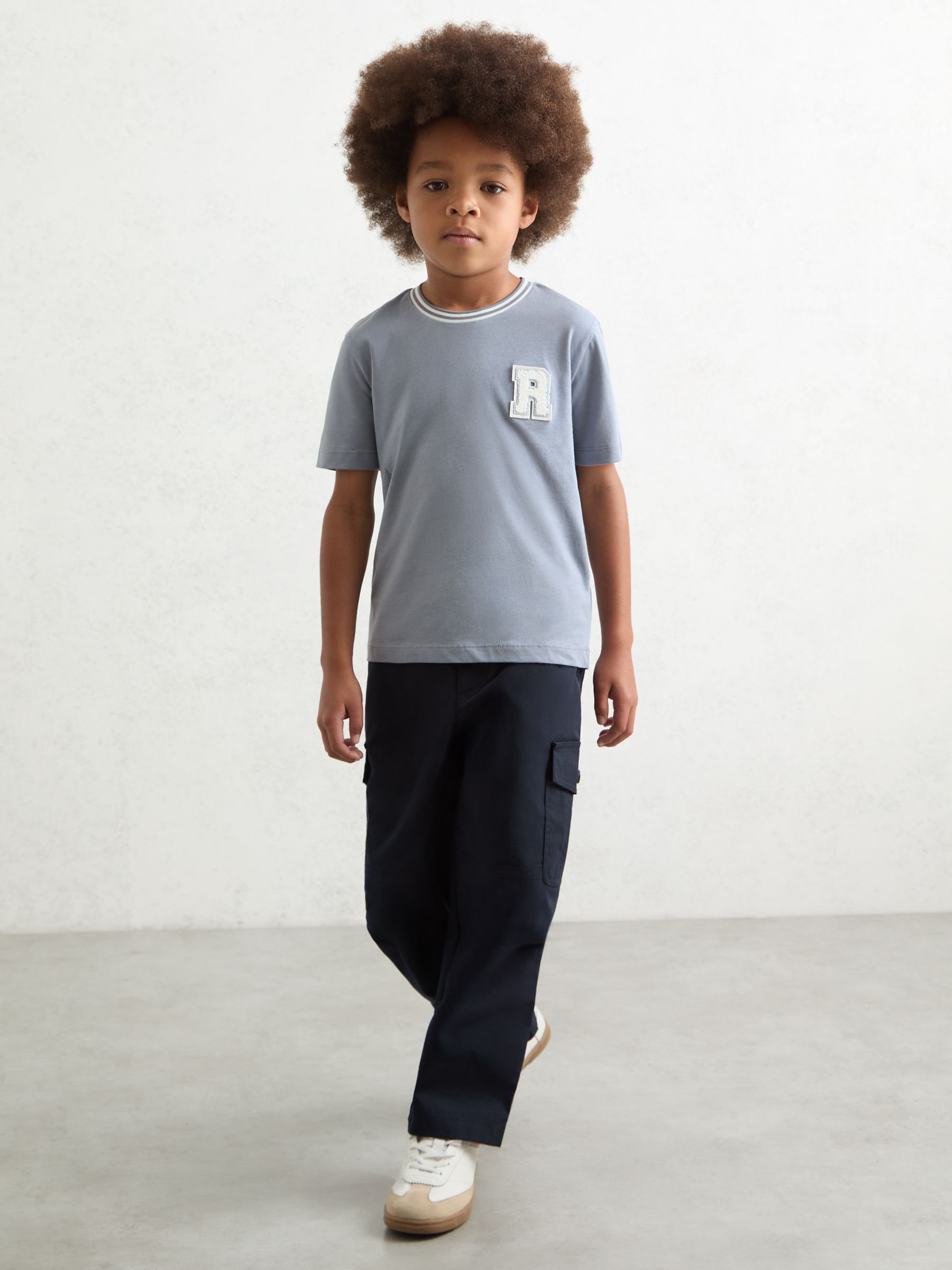 9-13 yrs Cotton Letter Patch T-Shirt in Airforce Blue