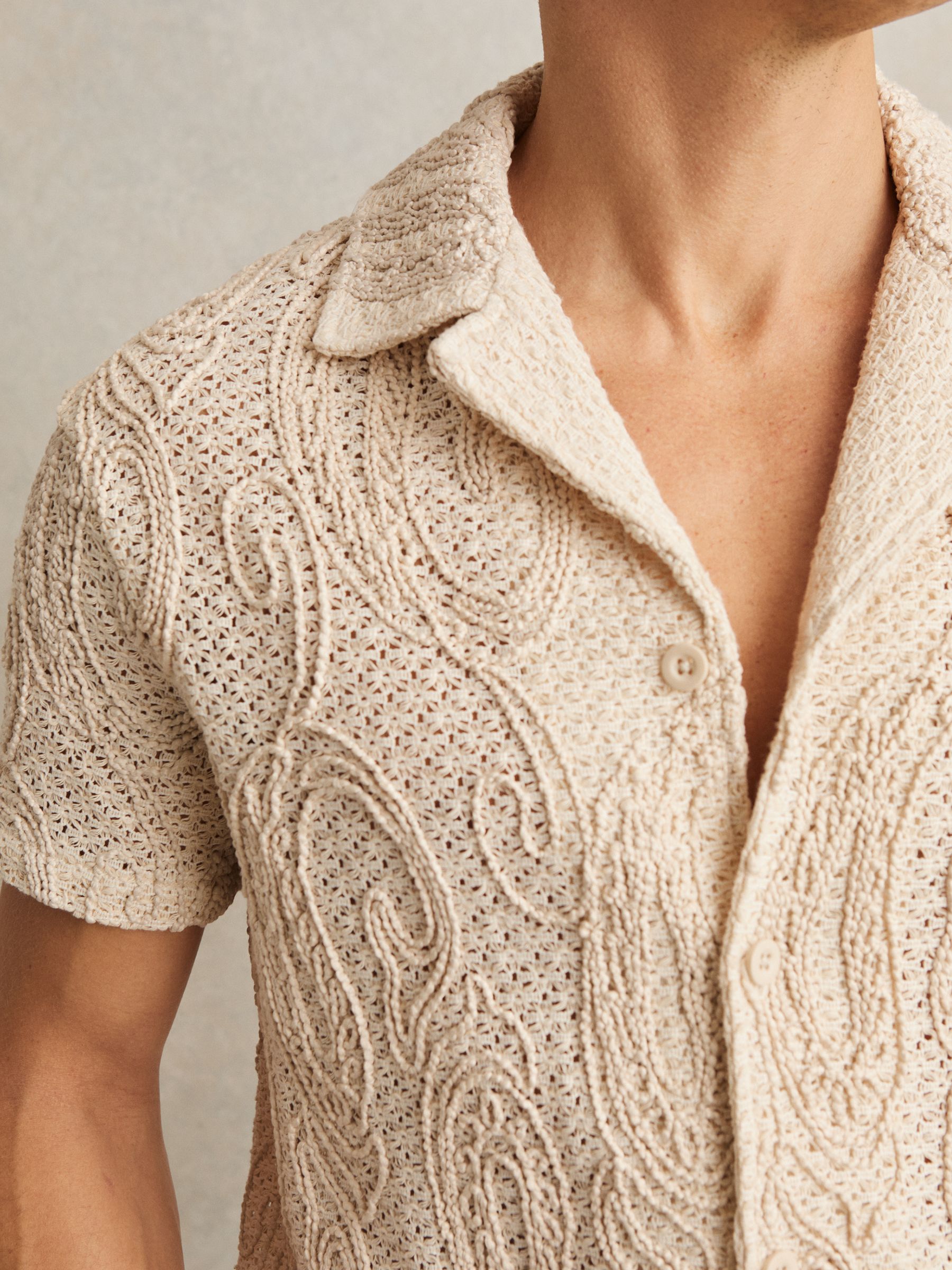 Cotton-Blend Embroidered Crochet Shirt in Oatmeal