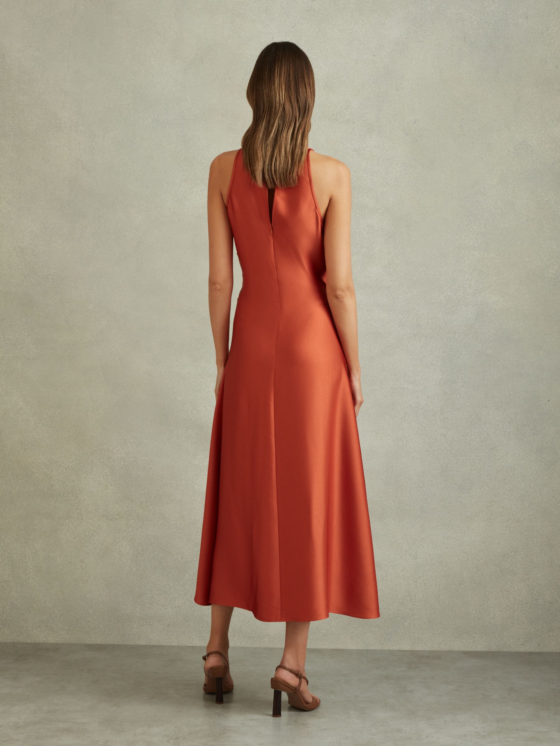 Satin Drape Tuck Midi Dress in Rust