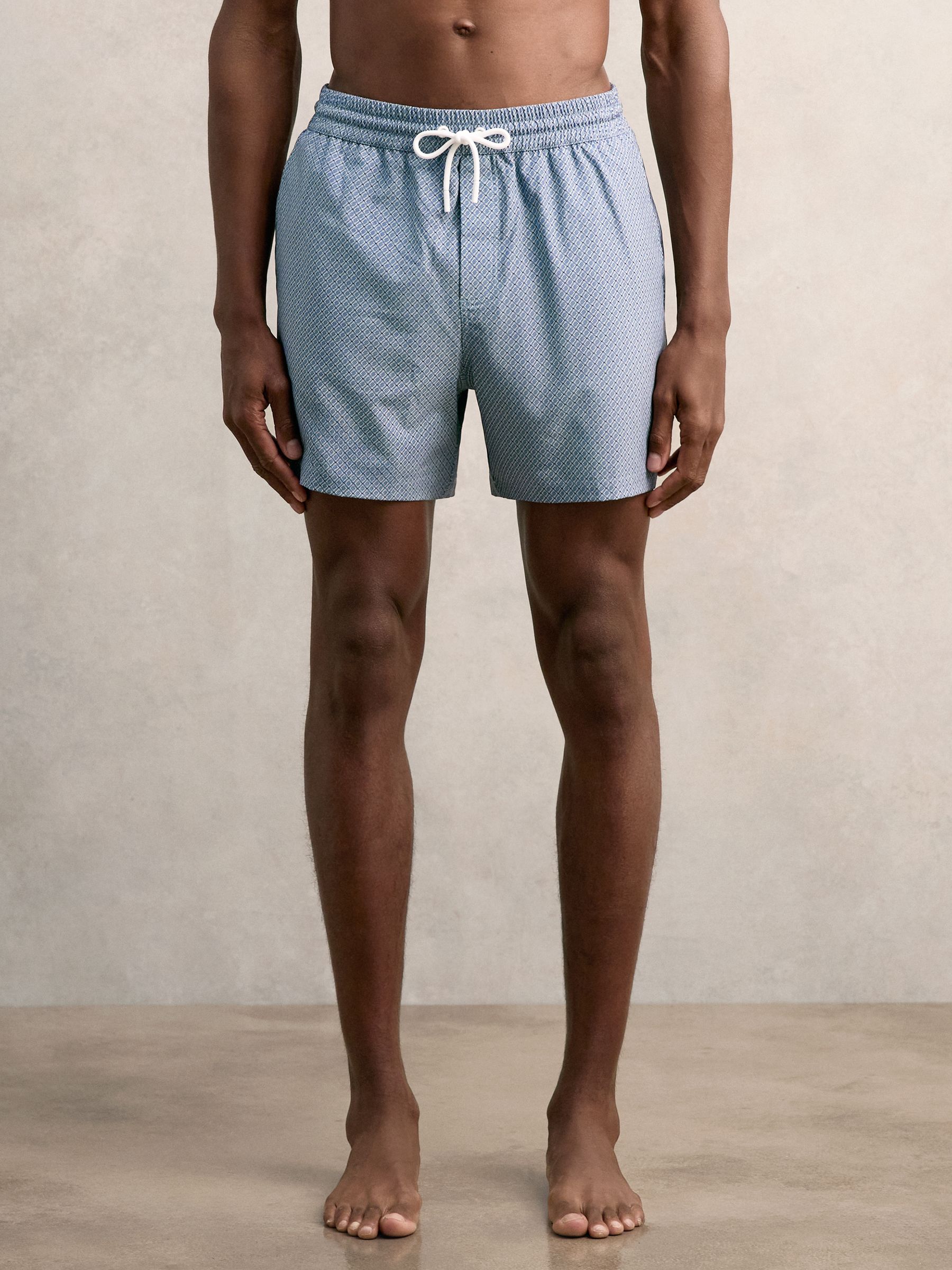 Drawstring Geometric Print Swim Shorts in Airforce Blue