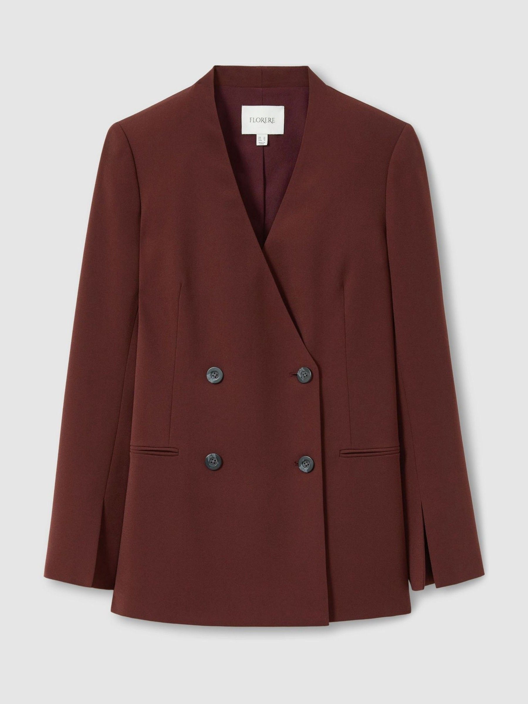 Florere Burgundy Collarless Double Breasted Blazer in Burgundy