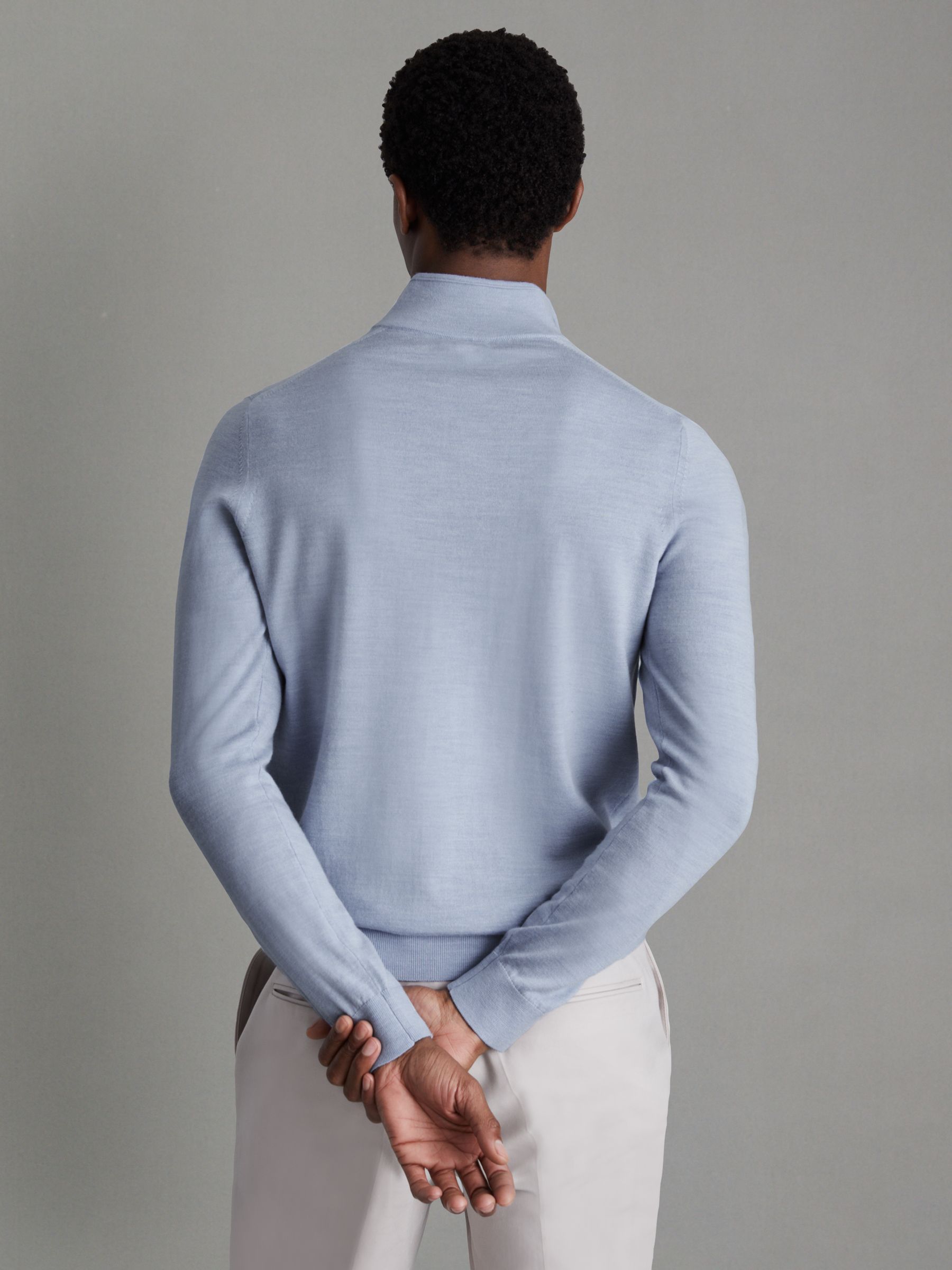 Merino Wool Half-Zip Funnel Neck Jumper in Soft Blue Melange