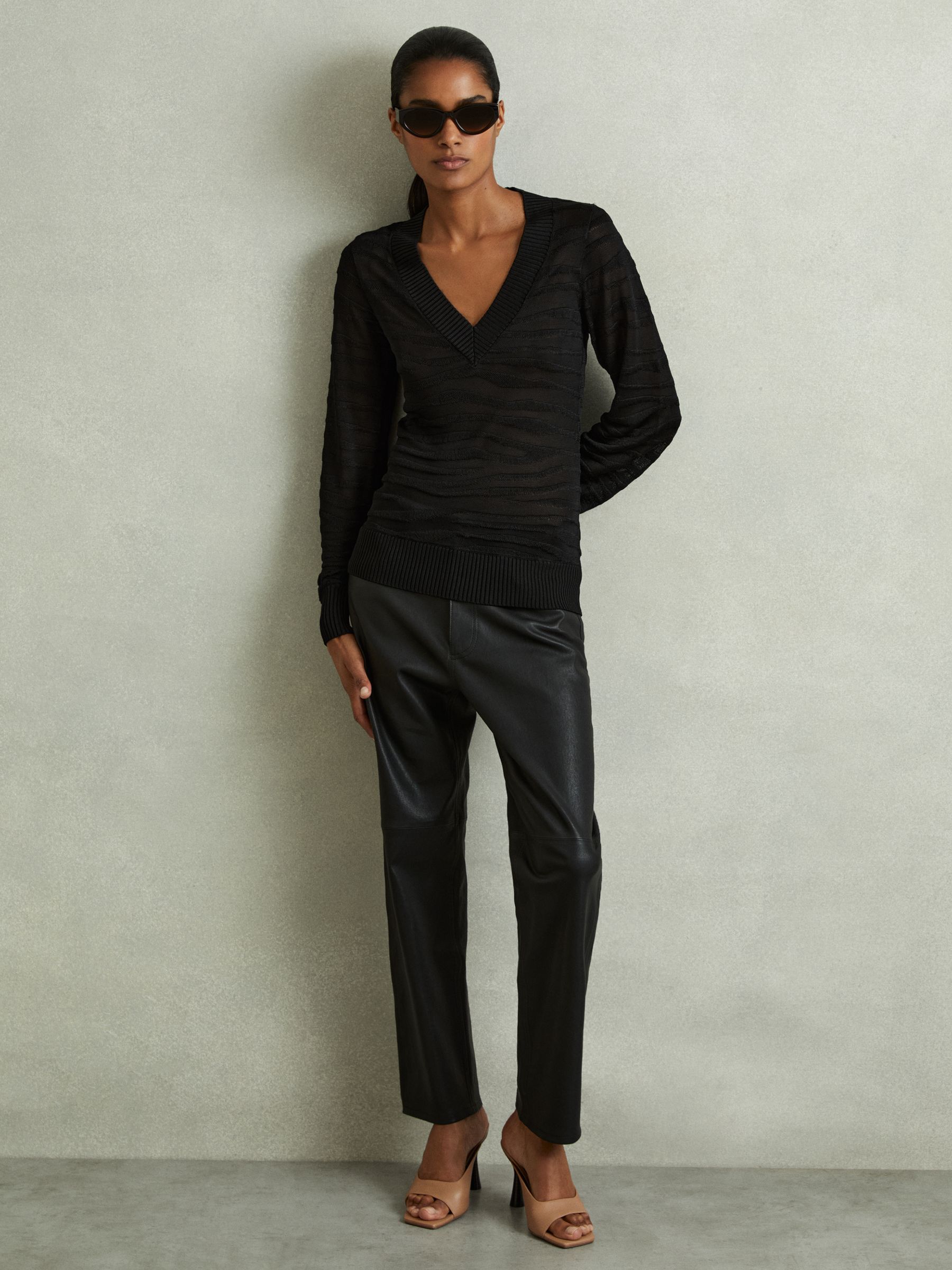 Striped V-Neck Jumper in Black