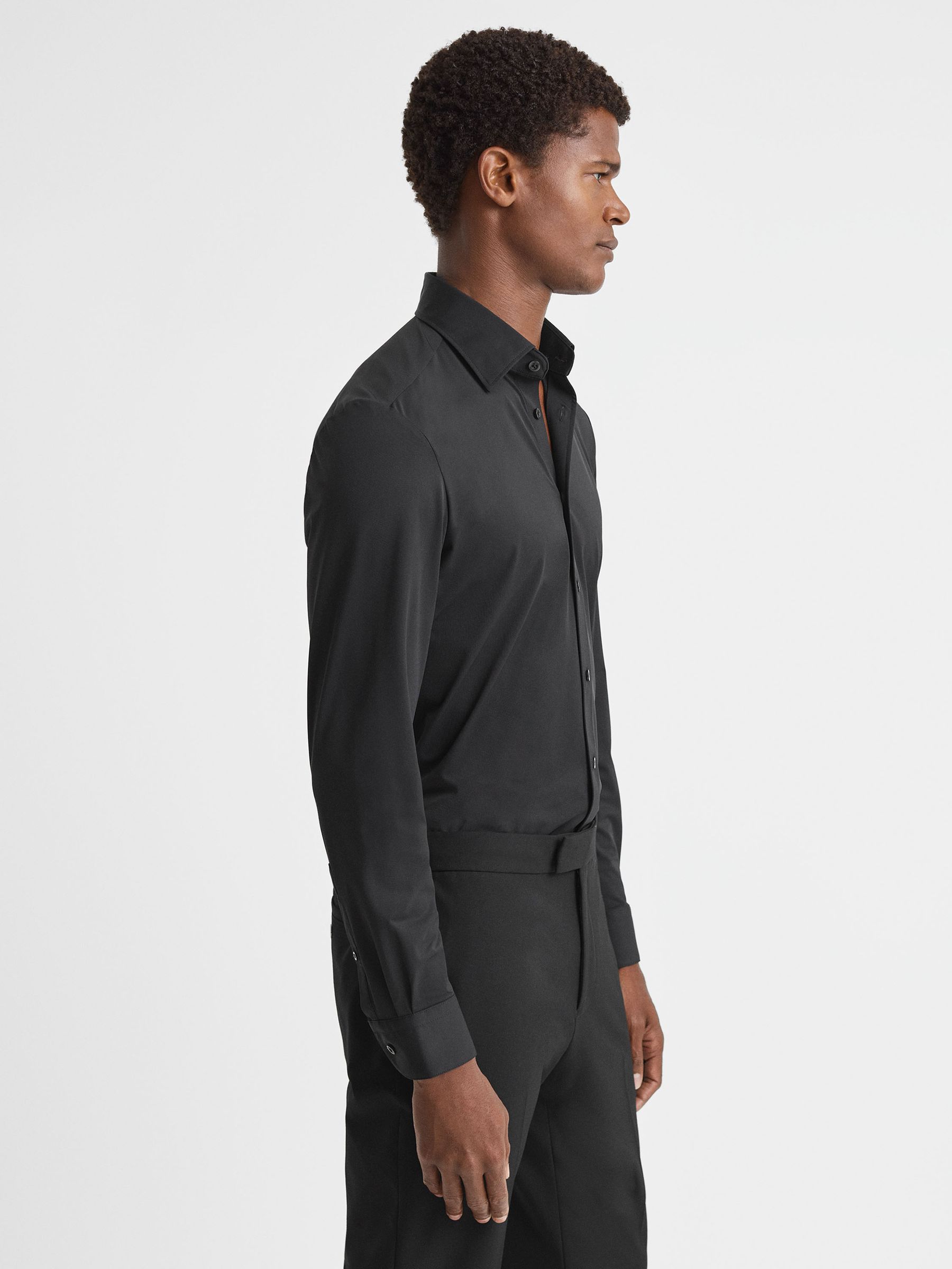 Regular Fit Button-Through Travel Shirt in Black