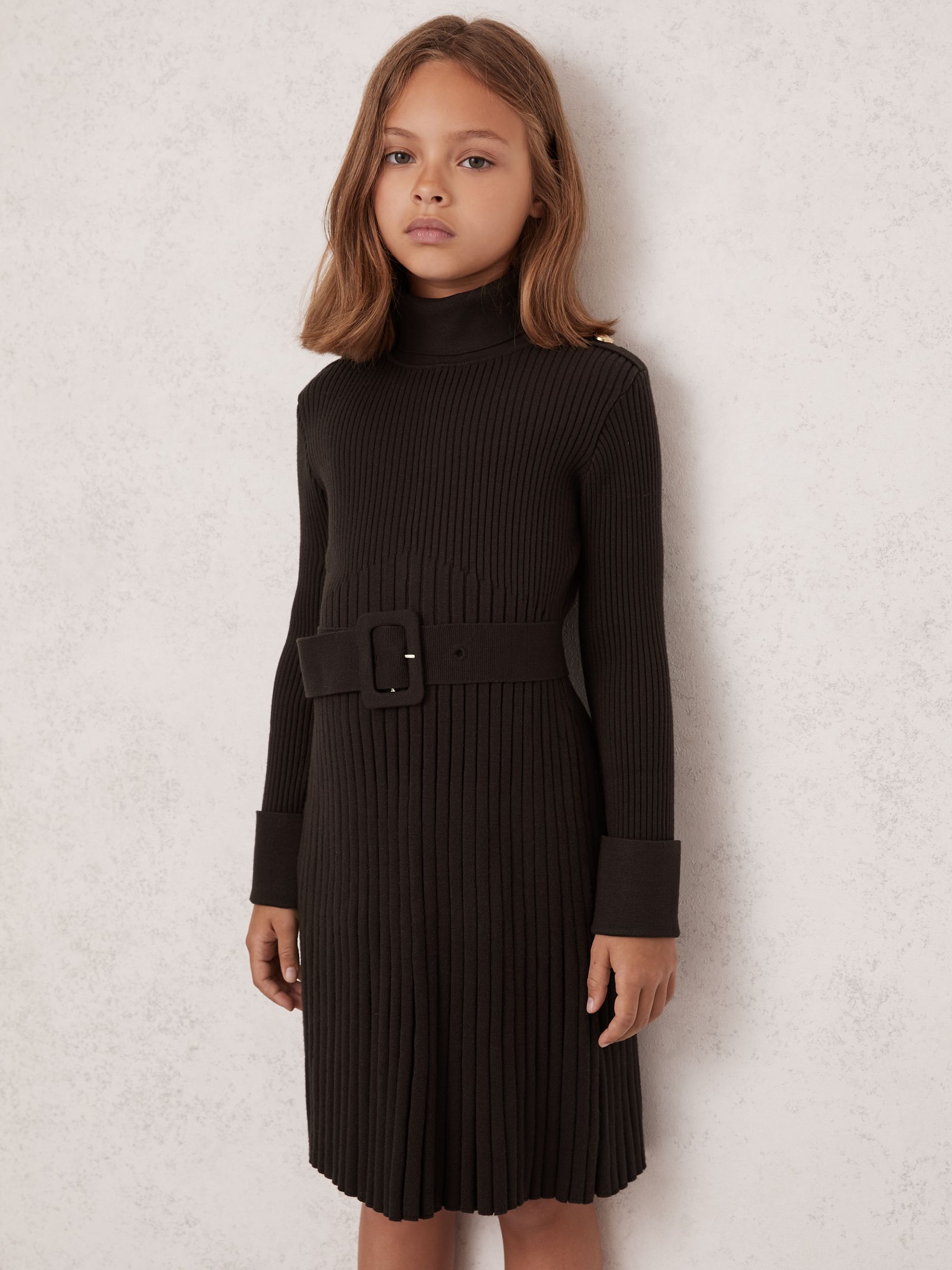9-13 yrs Rib-Knit Roll-Neck Belted Dress in Chocolate