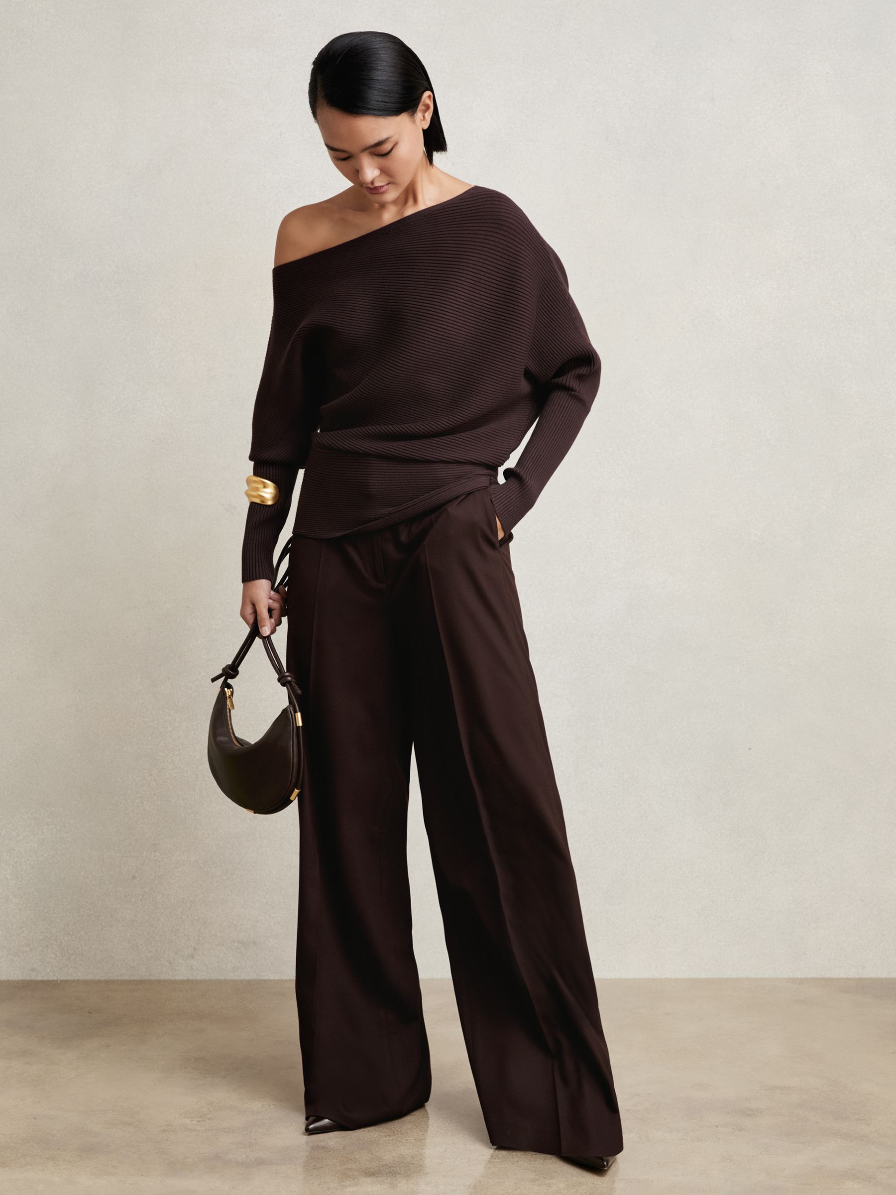 Asymmetric Draped Knitted Jumper in Plum
