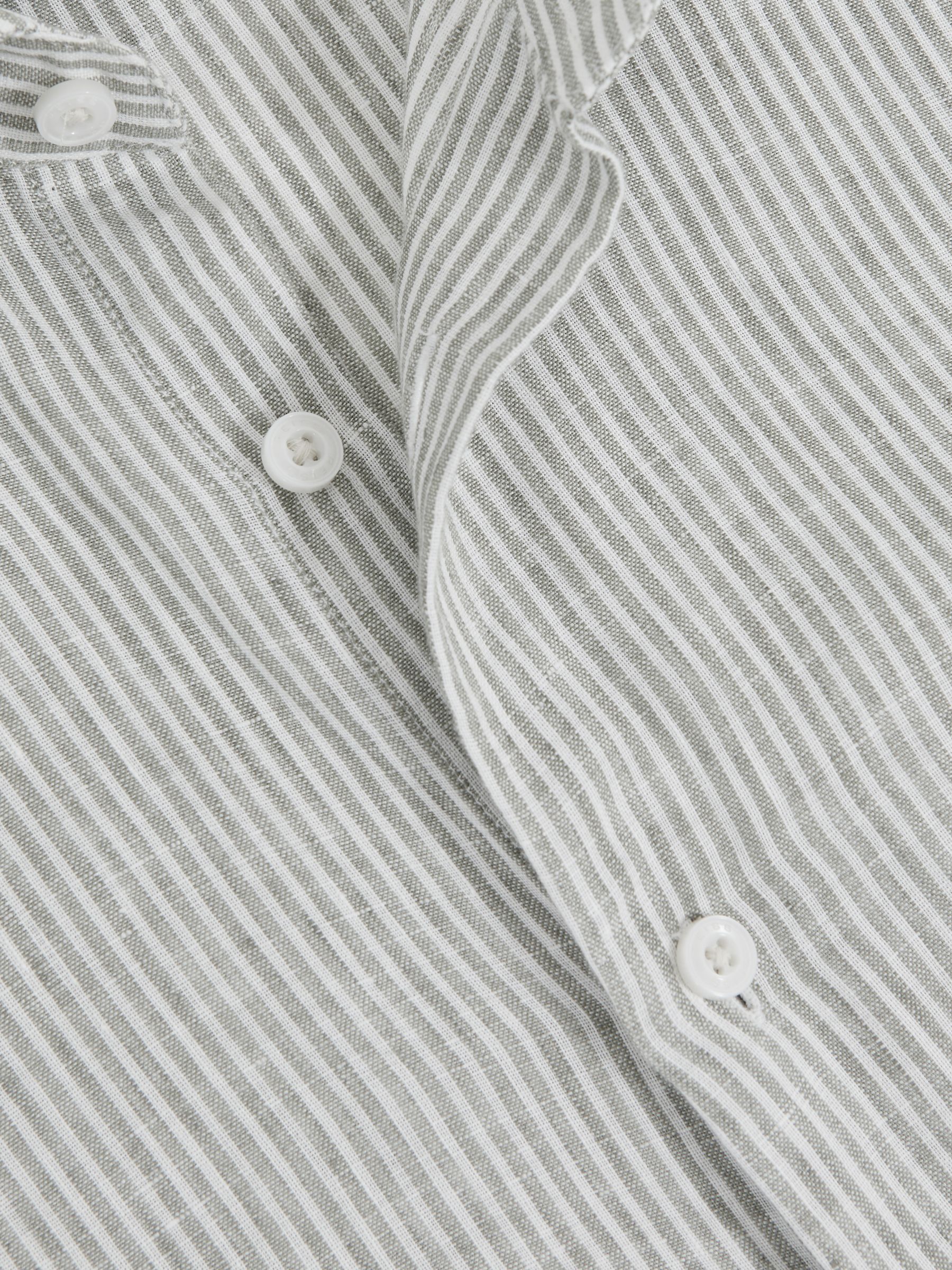 Linen Striped Cutaway-Collar Shirt in White/Thyme Green
