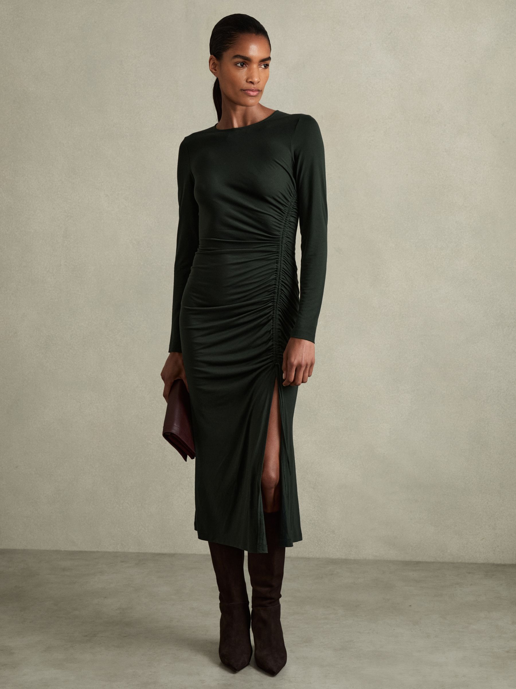 Jersey Ruched Midi Dress in Dark Green