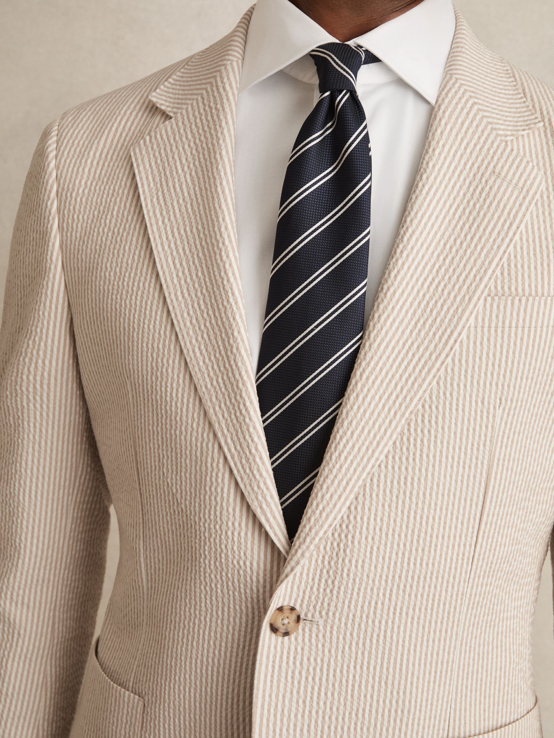 Seersucker Single-Breasted Suit Blazer Slim-Fit in Oatmeal/White