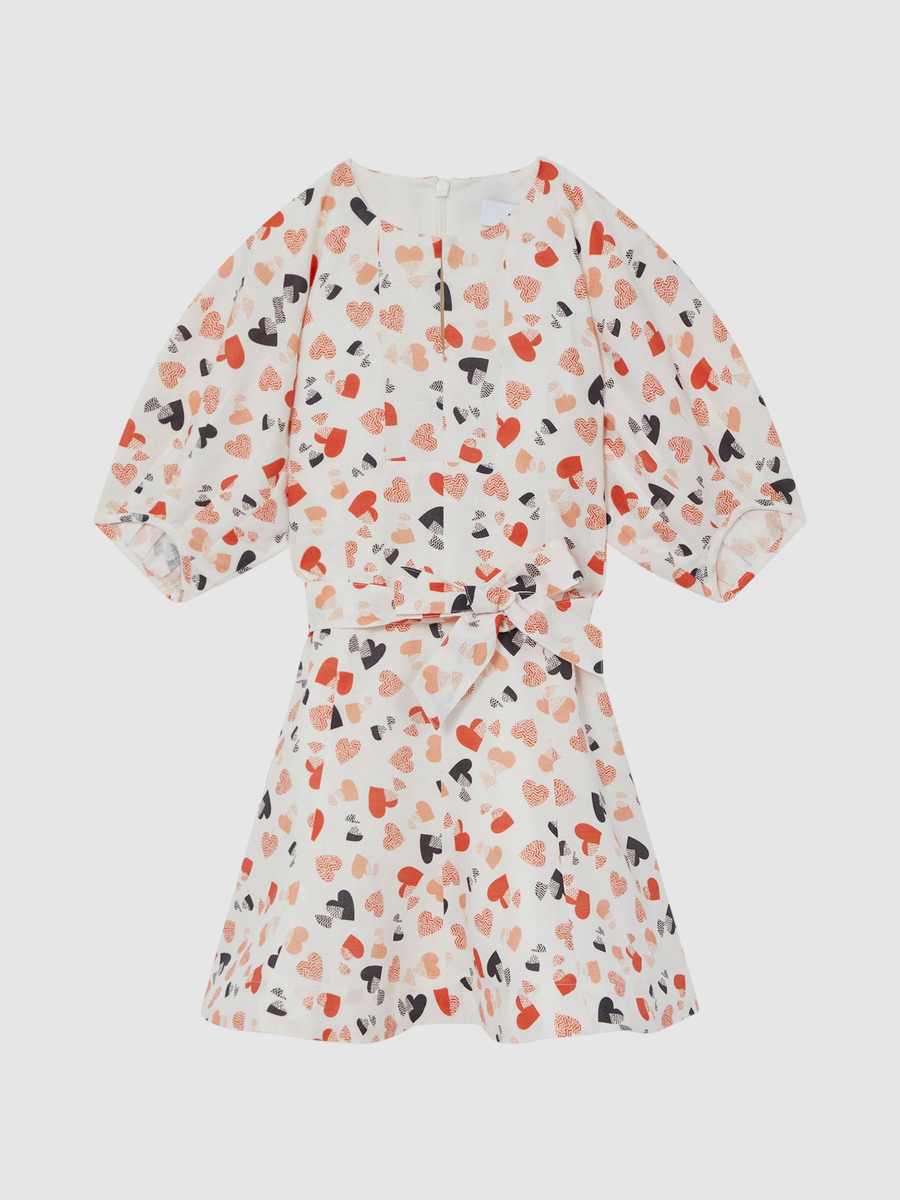 9-12 yrs Heart Print Linen Mini Dress in Ivory Print