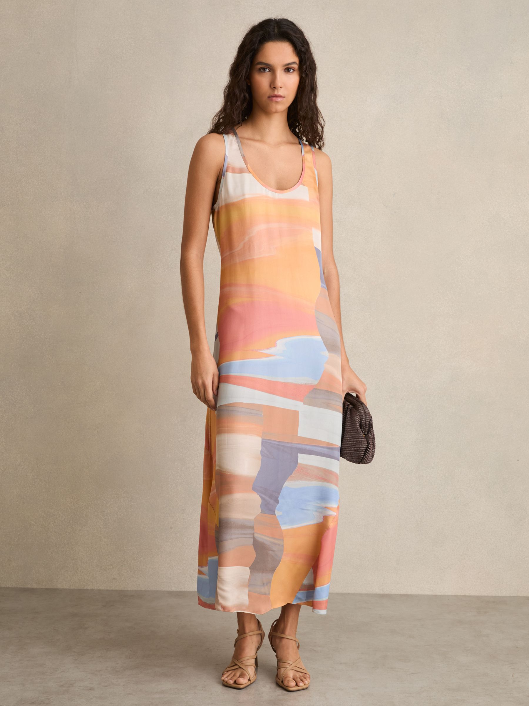 Sunset Print Sleeveless Slip Dress in Coral