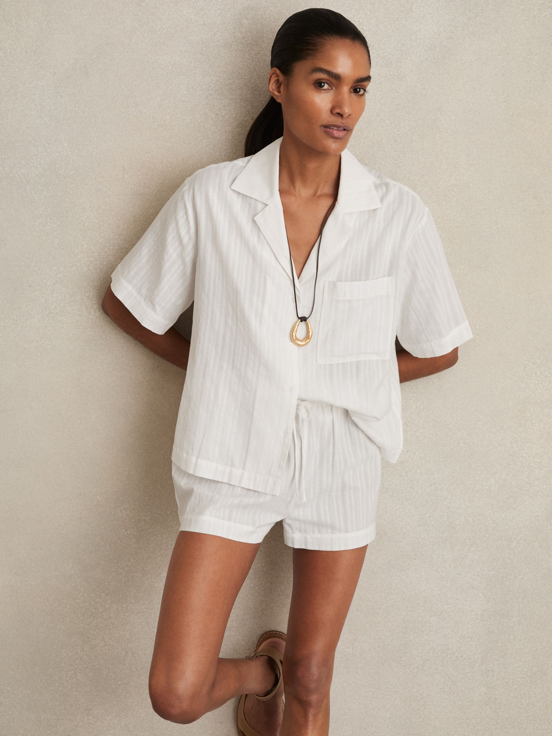 Cotton Pointelle Shirt and Shorts Set in White