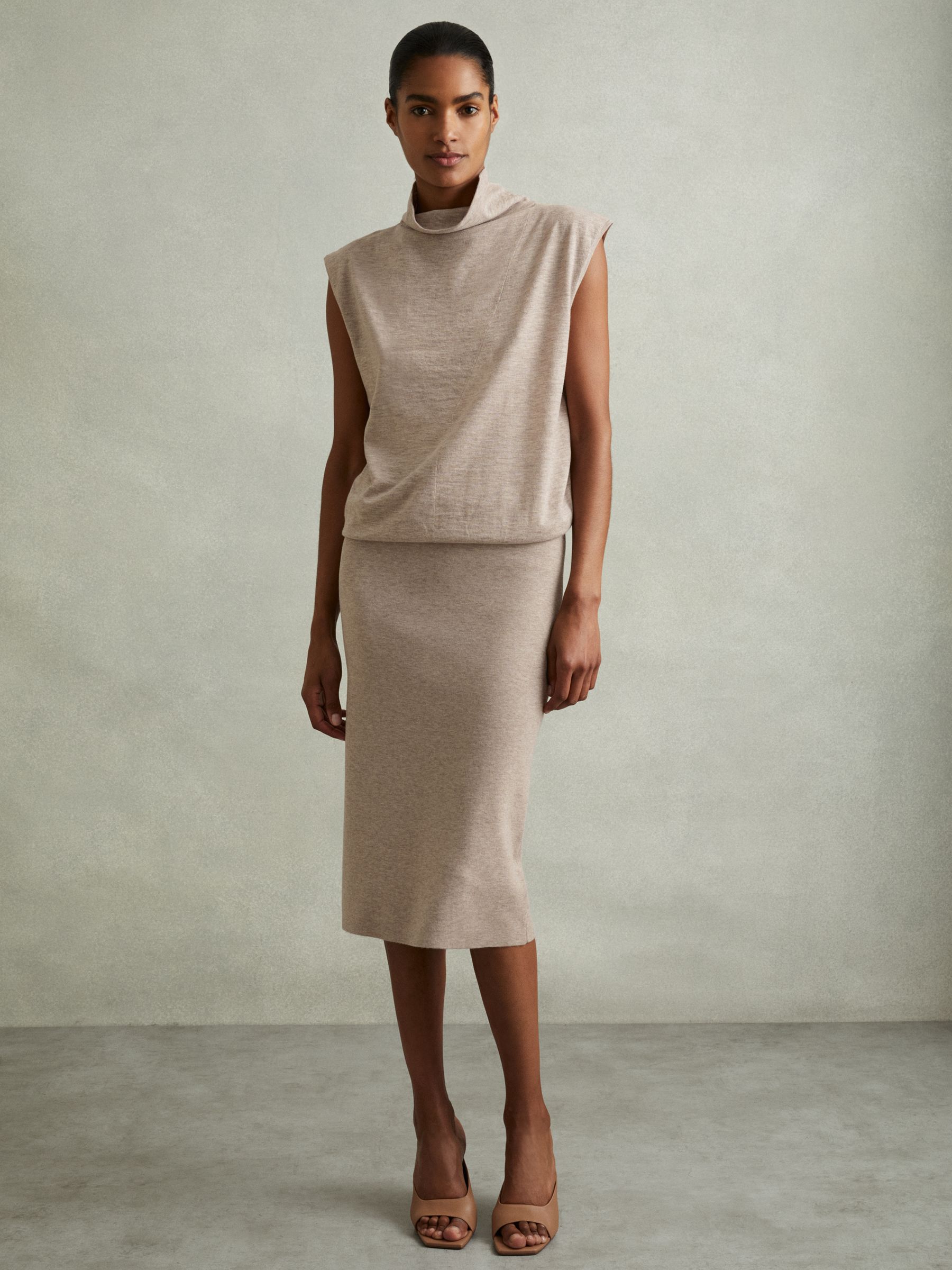 Petite Knitted Wool-Cashmere Blouson Top Midi Dress in Neutral