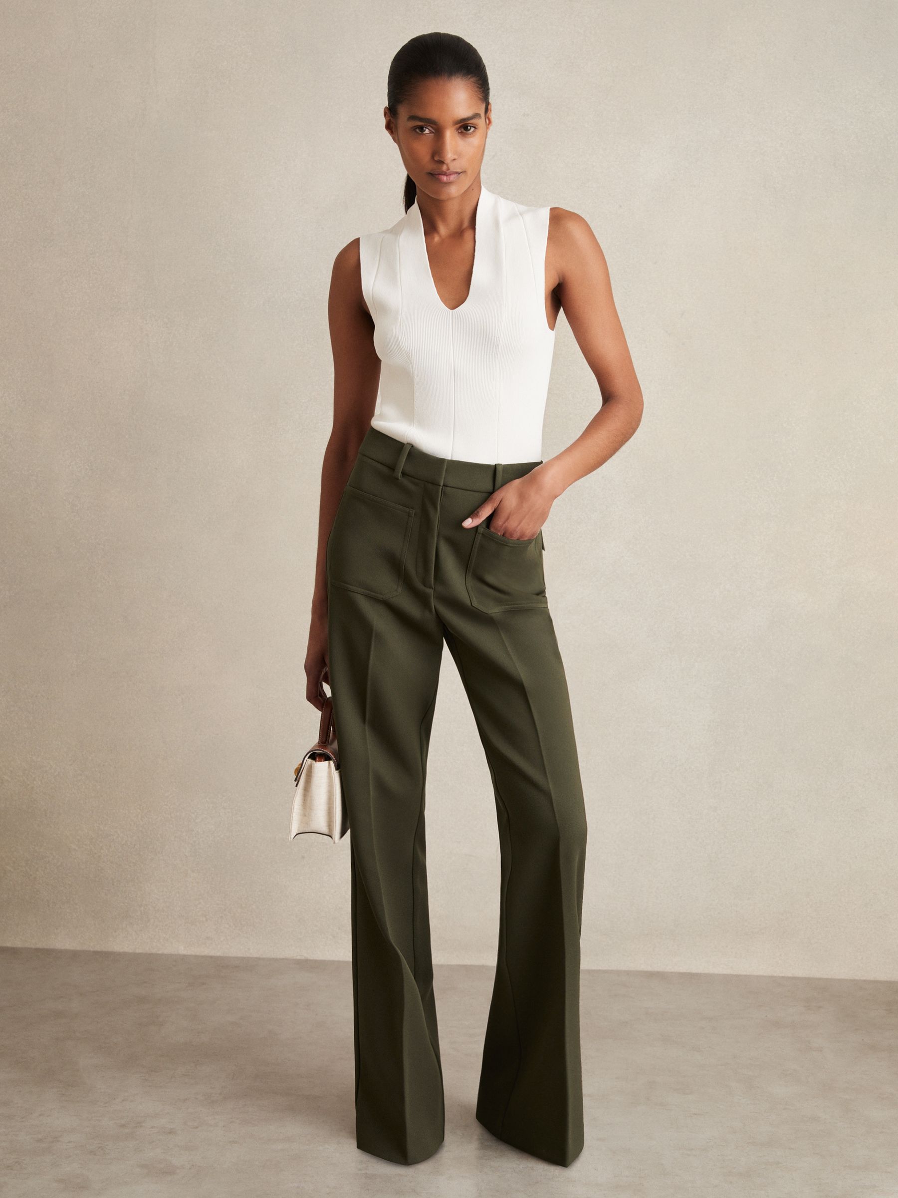 Petite Twill Patch-Pocket Flared Trousers in Green