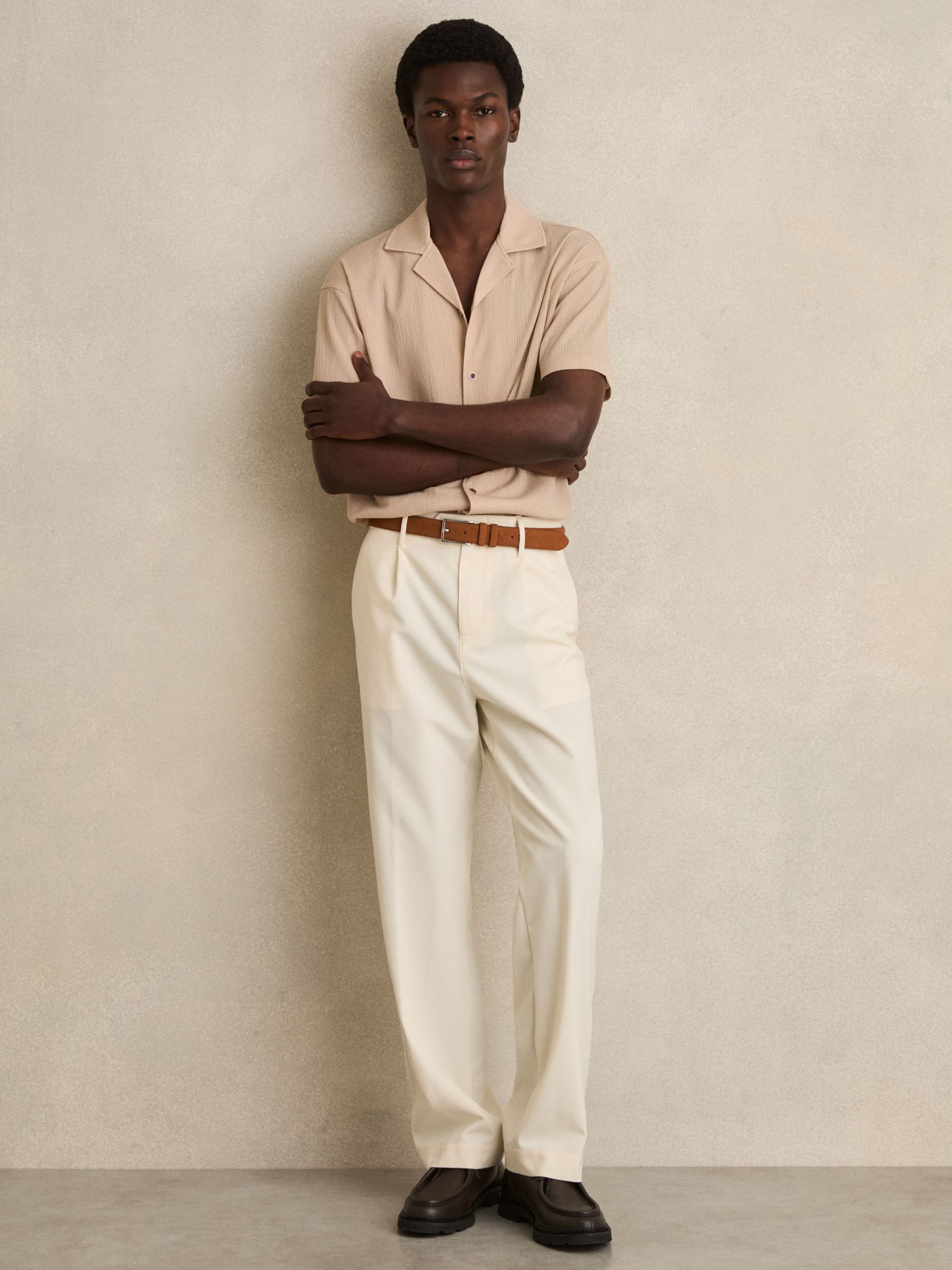 Textured Crepe Cuban Collar Shirt in Oatmeal