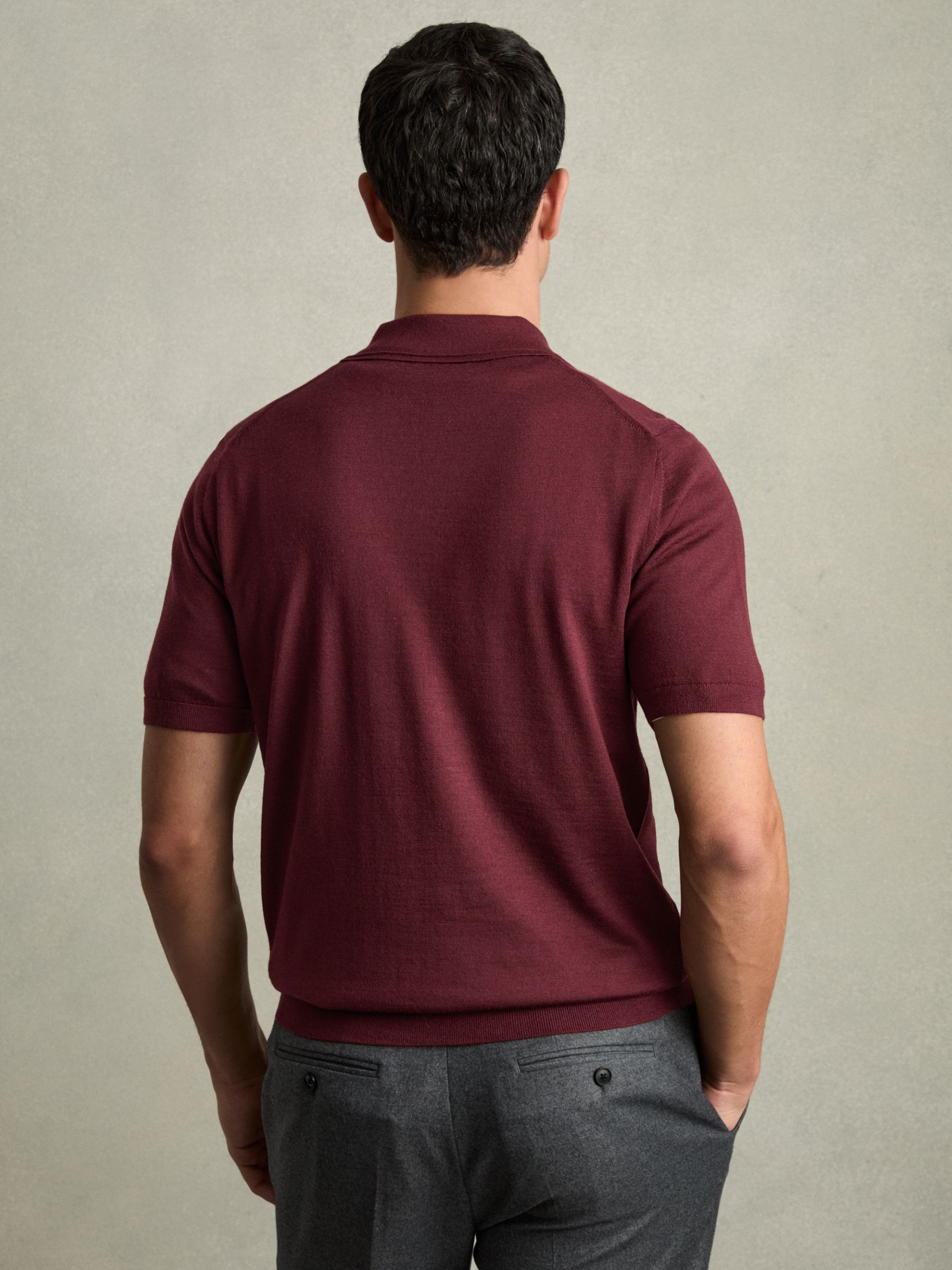 Merino Wool Open Collar Polo Shirt in Claret Red
