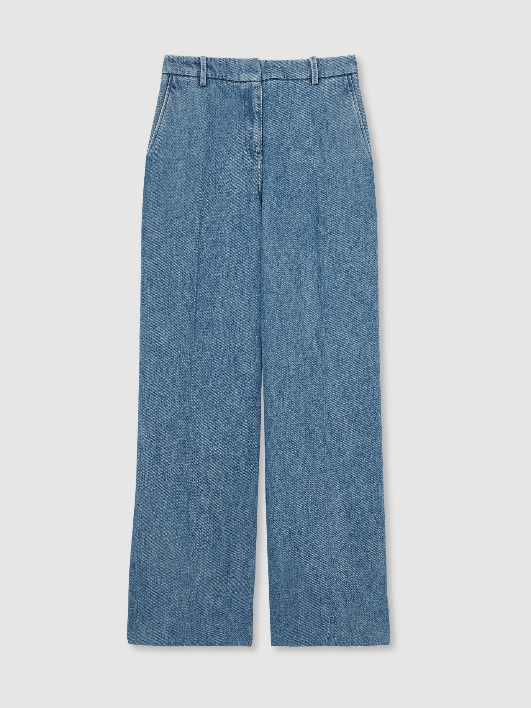Petite Denim-Look Wide-Leg Trousers in Mid Blue