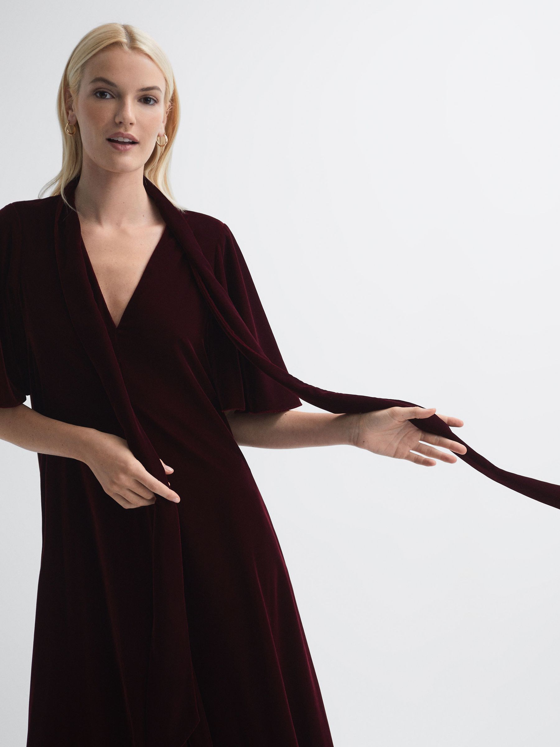 Florere Velvet Tie Neck Midi Dress in Burgundy