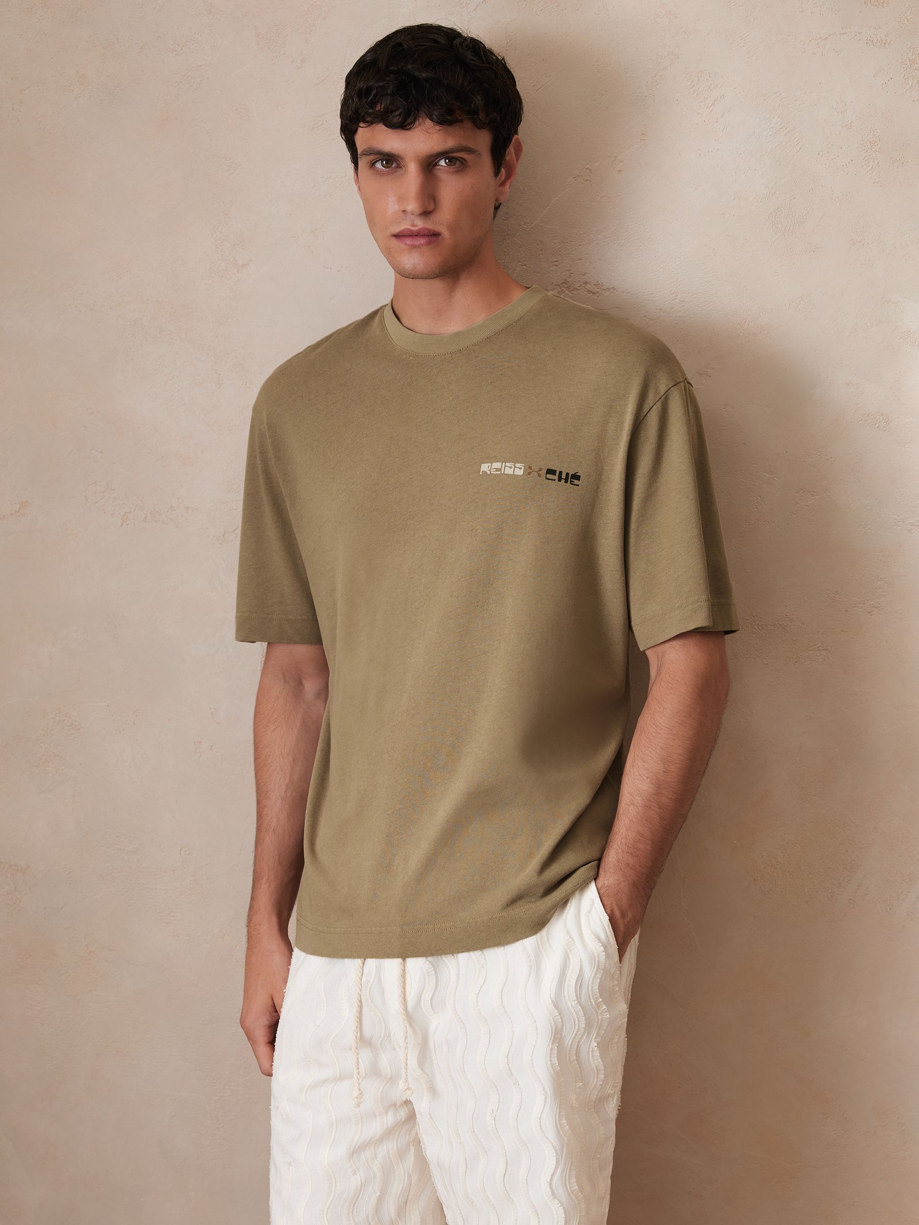 Reiss | Ché Cotton-Linen Sunset T-Shirt in Sage Green