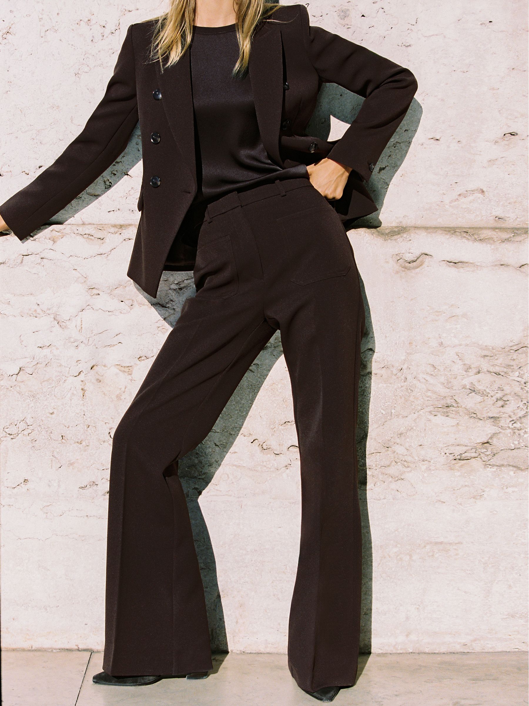 Twill Patch-Pocket Flared Trousers in Chocolate Brown