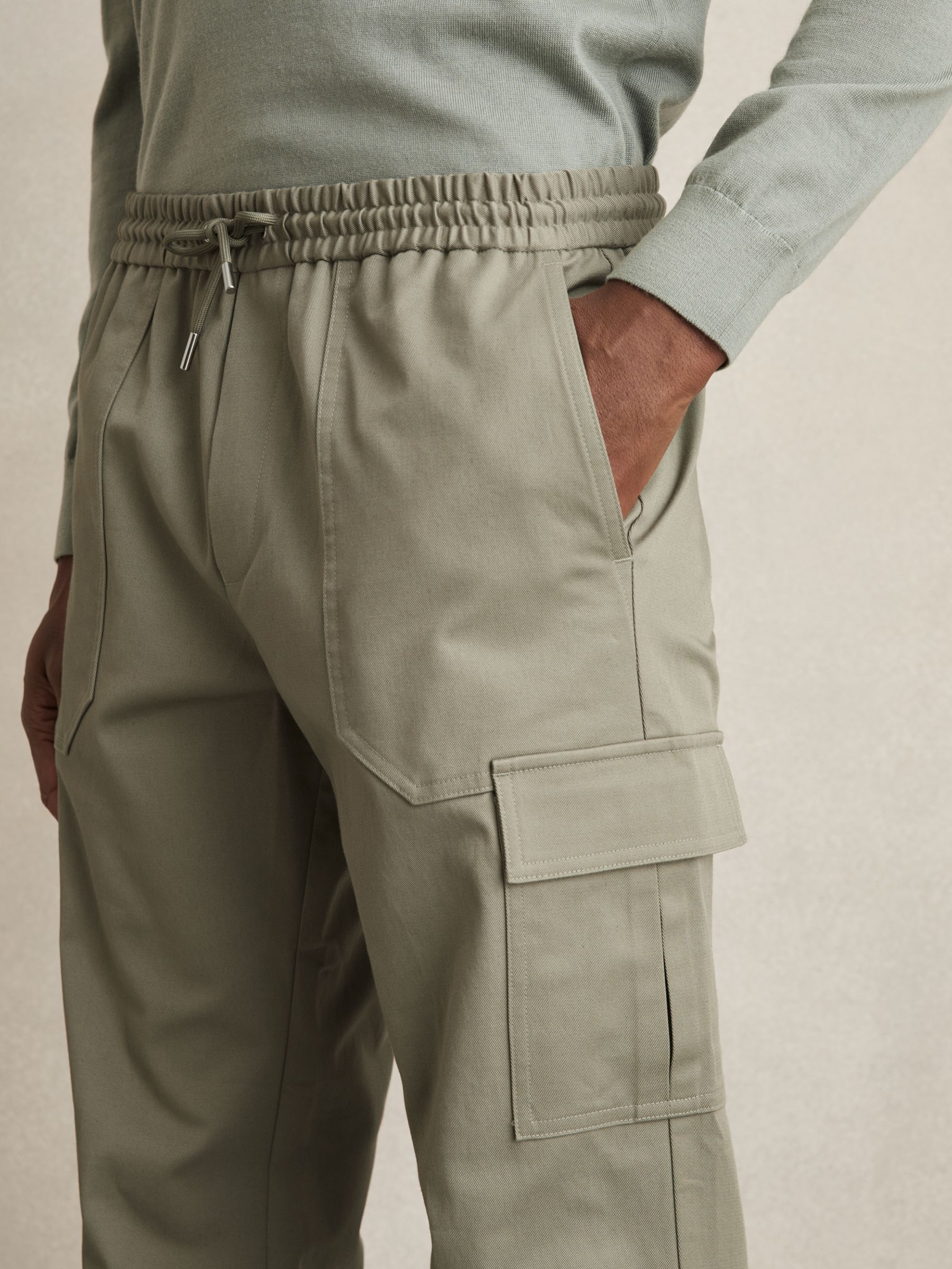 Cotton Drawstring Cargo Trousers in Washed Khaki Green